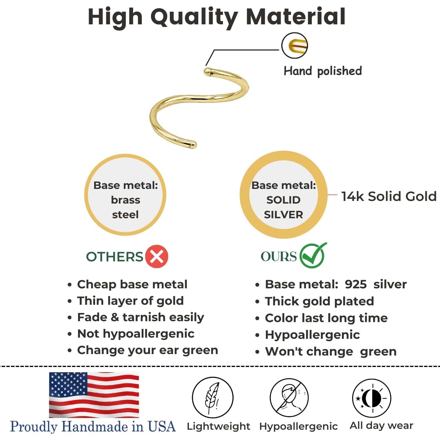 Aros de Nariz de Oro 14K para Mujeres 8mm 22G - 3 Piezas