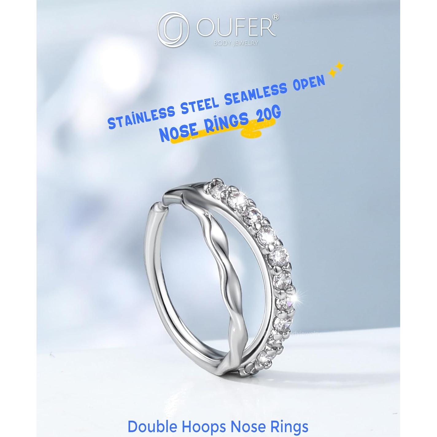 Anillos de Nariz Doble de Plata OUFER 20G 8mm Acero Quirúrgico