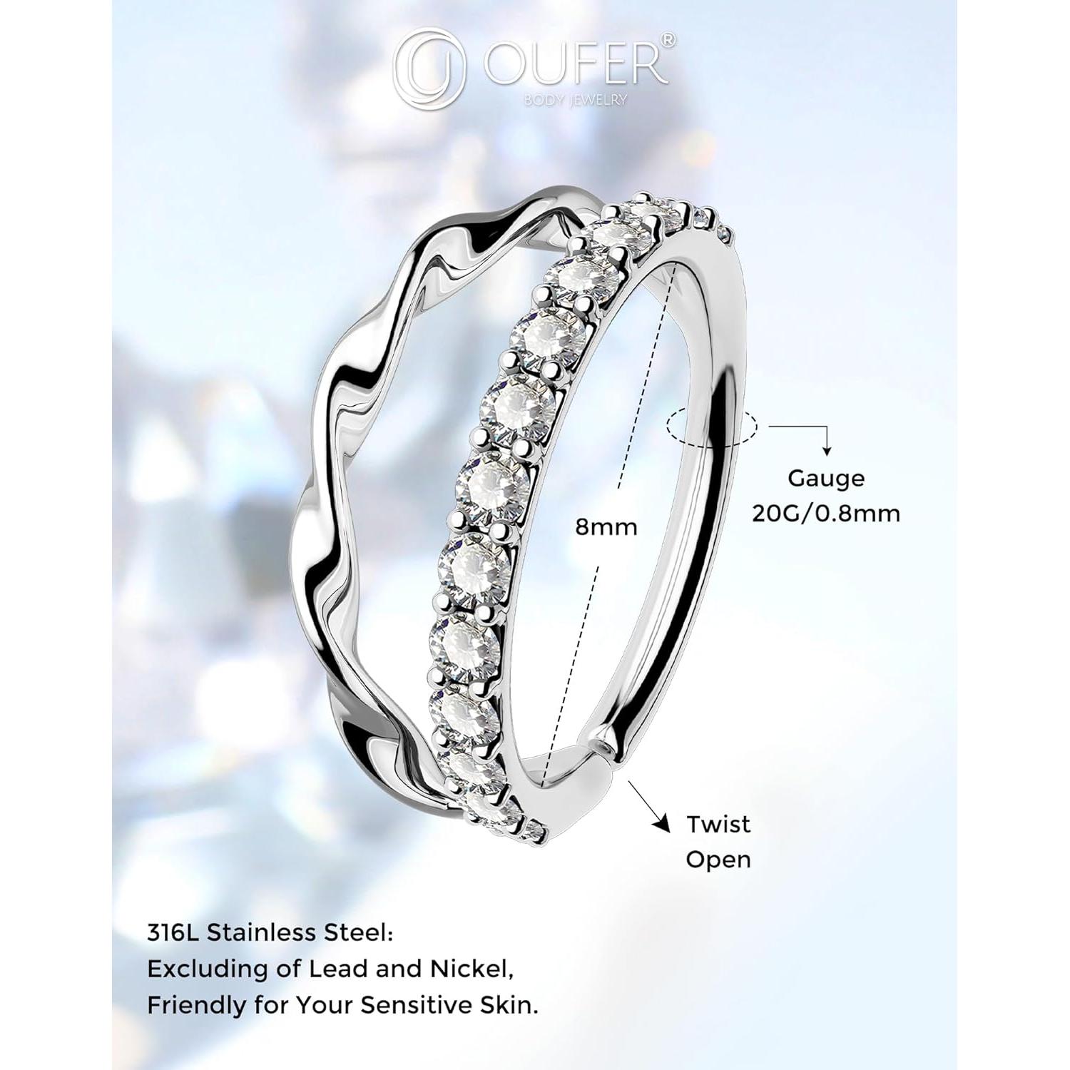 Anillos de Nariz Doble de Plata OUFER 20G 8mm Acero Quirúrgico