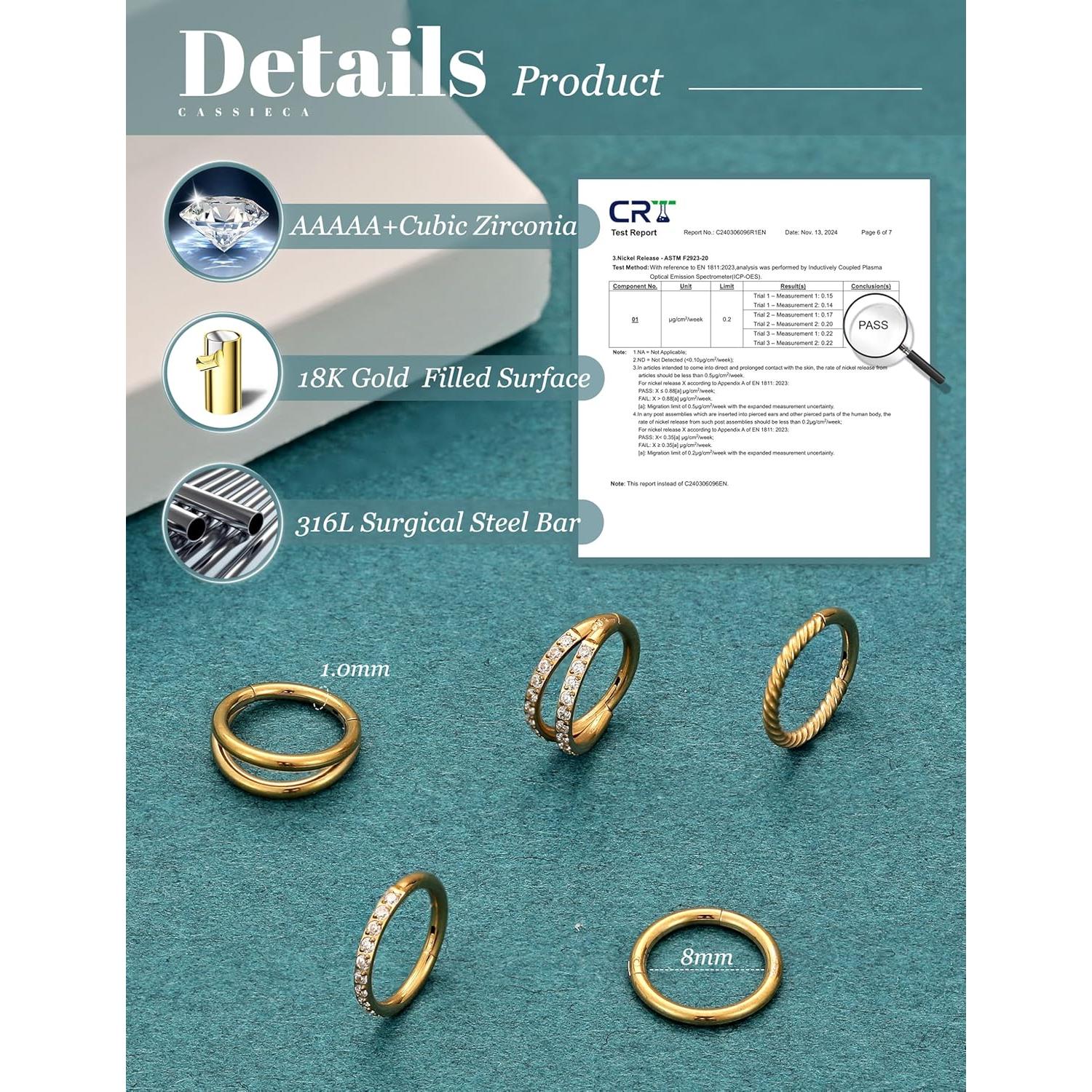 Anillos de Nariz CASSIECA 5Pcs Acero Quirúrgico 8mm 10mm