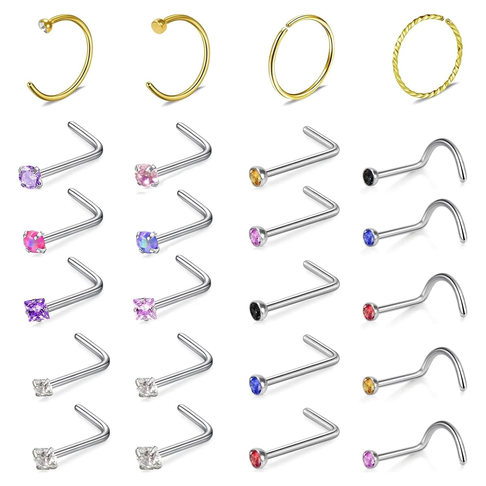 24 Piezas Aros y Studs de Nariz Dorados Acero Inoxidable 20G