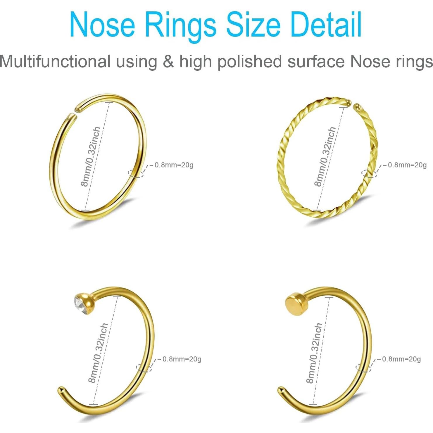 24 Piezas Aros y Studs de Nariz Dorados Acero Inoxidable 20G