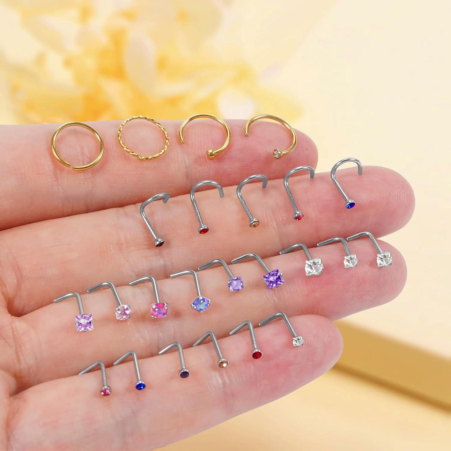 24 Piezas Aros y Studs de Nariz Dorados Acero Inoxidable 20G