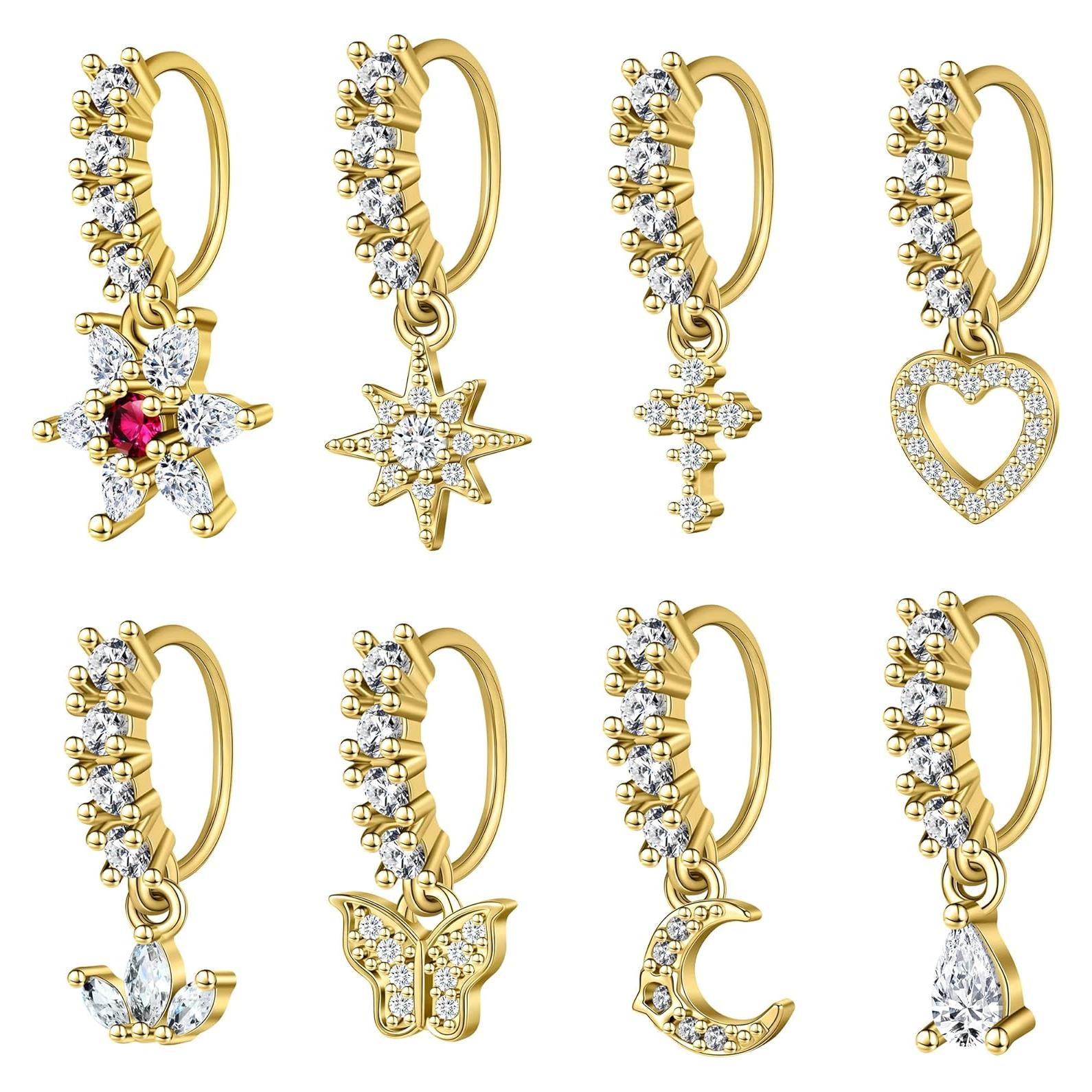 Aros de Nariz Colgantes 8PCS 6ixGosh Plata Oro Rosa 20G