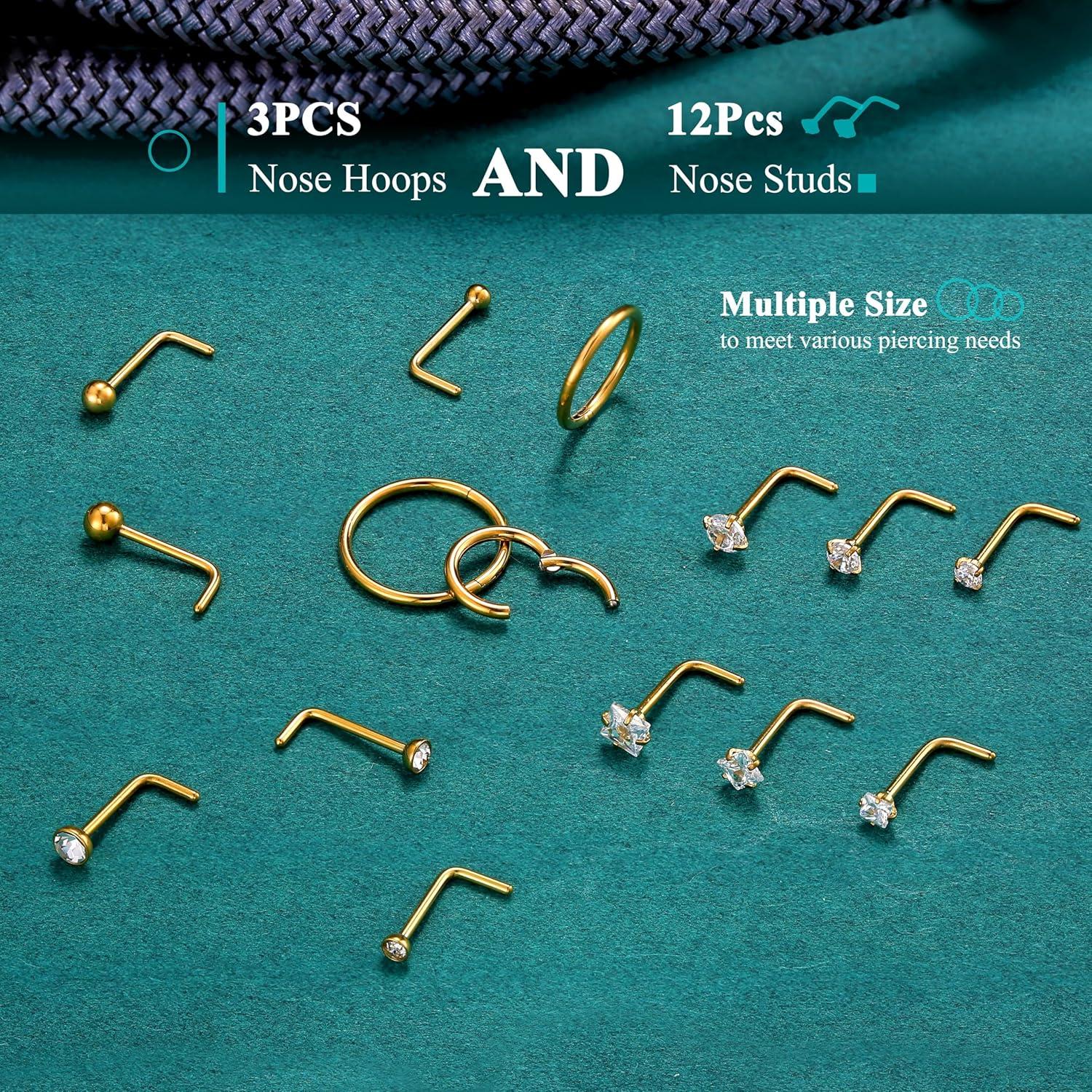 Aros de Nariz 18G y Studs 20G BESTEEL Acero Inoxidable 15Pcs