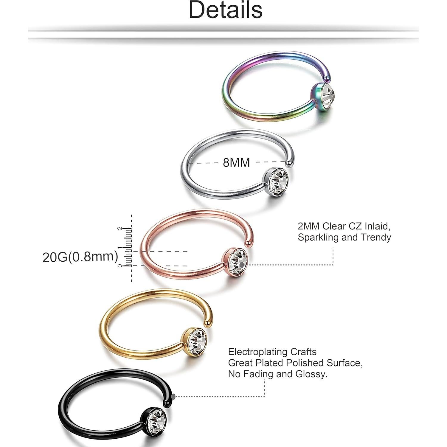 Aros de Nariz ORAZIO 5 Pcs Acero Inoxidable 20G 5 Colores