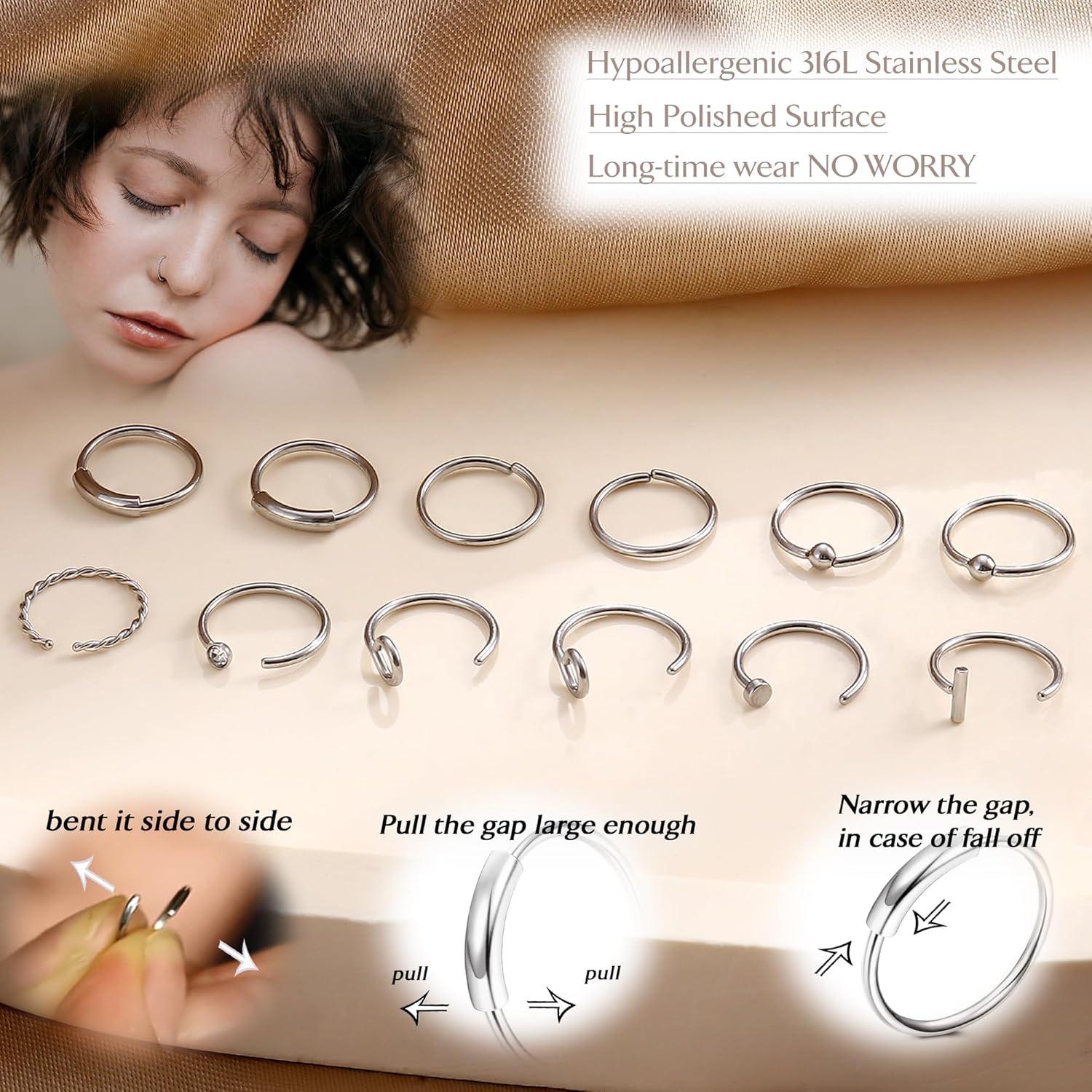 Conjunto 20 Pcs Aros Nasales 20G UBGICIG Acero Quirúrgico Hipoalergénico