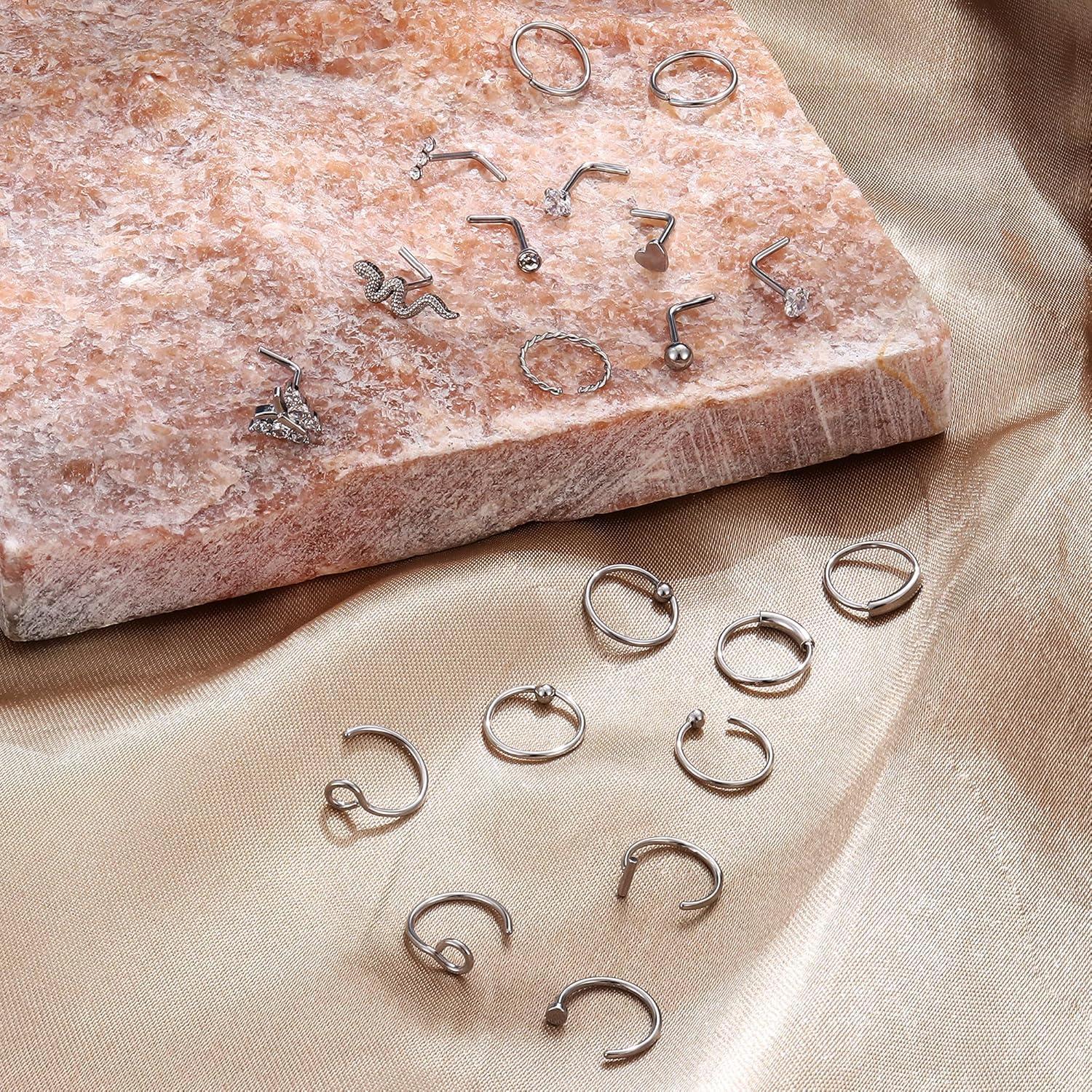 Conjunto 20 Pcs Aros Nasales 20G UBGICIG Acero Quirúrgico Hipoalergénico