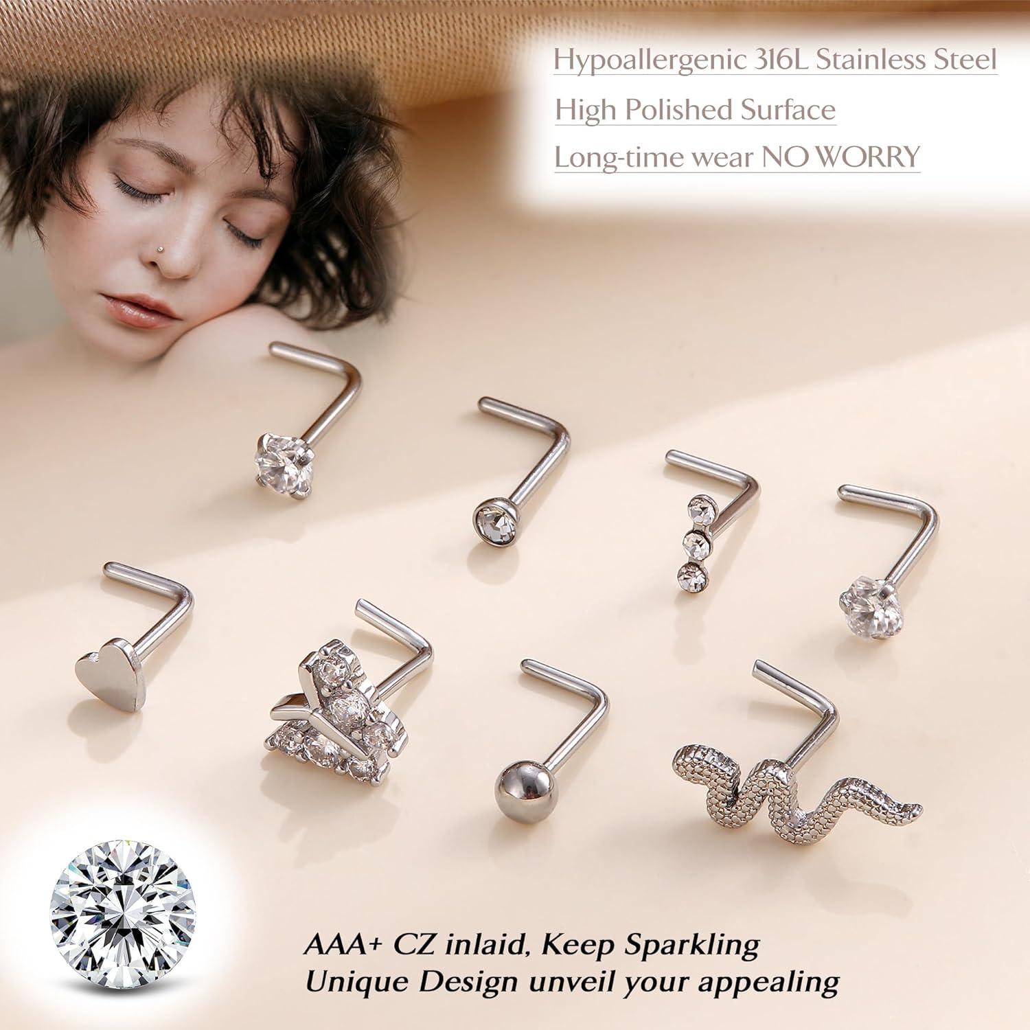 Conjunto 20 Pcs Aros Nasales 20G UBGICIG Acero Quirúrgico Hipoalergénico