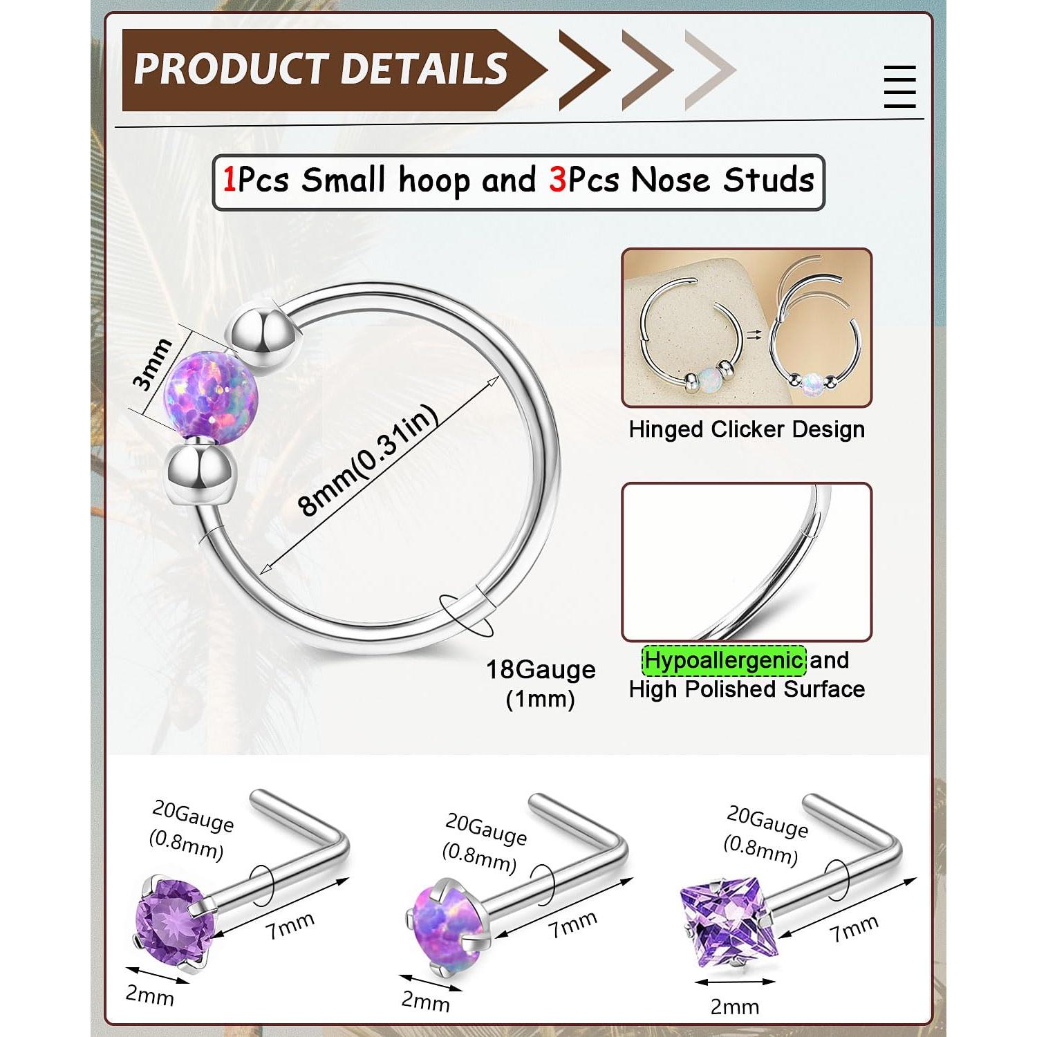 Juego de 4 Aros de Nariz Acero Inoxidable Hipoalergénicos 18G