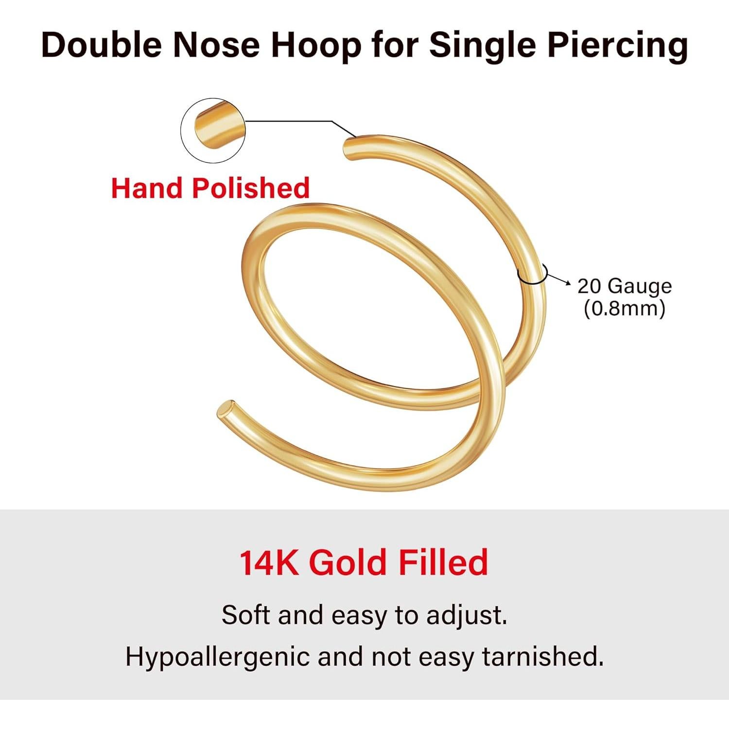 Aro de Nariz Doble Oro 14K 20g 8mm Hipoalergénico