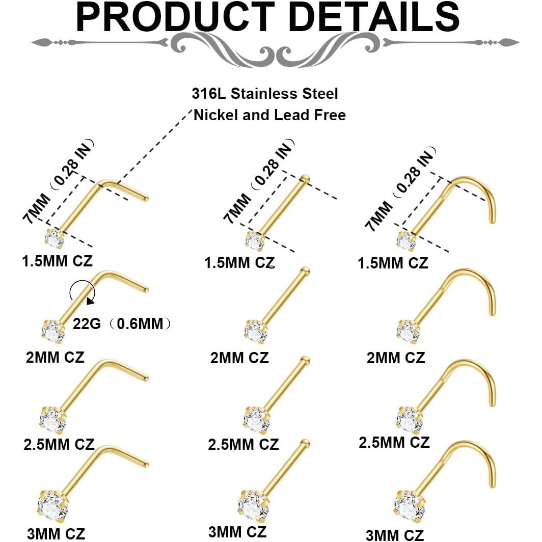 Set de 24 Anillos de Nariz Vegolita 22G Acero Inoxidable