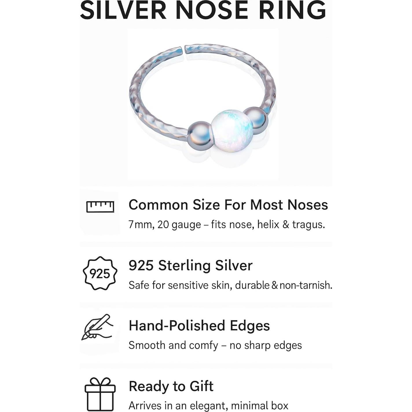 Aro Nasal Plateado 7mm 20 Gauge con Ópalo Blanco - Joyería Hecha a Mano