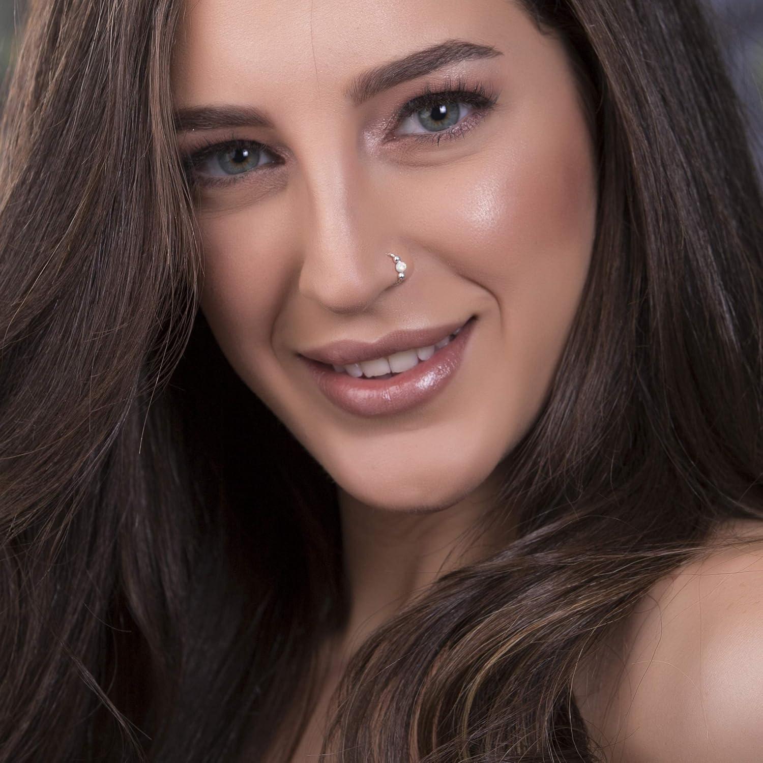 Aro Nasal Plateado 7mm 20 Gauge con Ópalo Blanco - Joyería Hecha a Mano