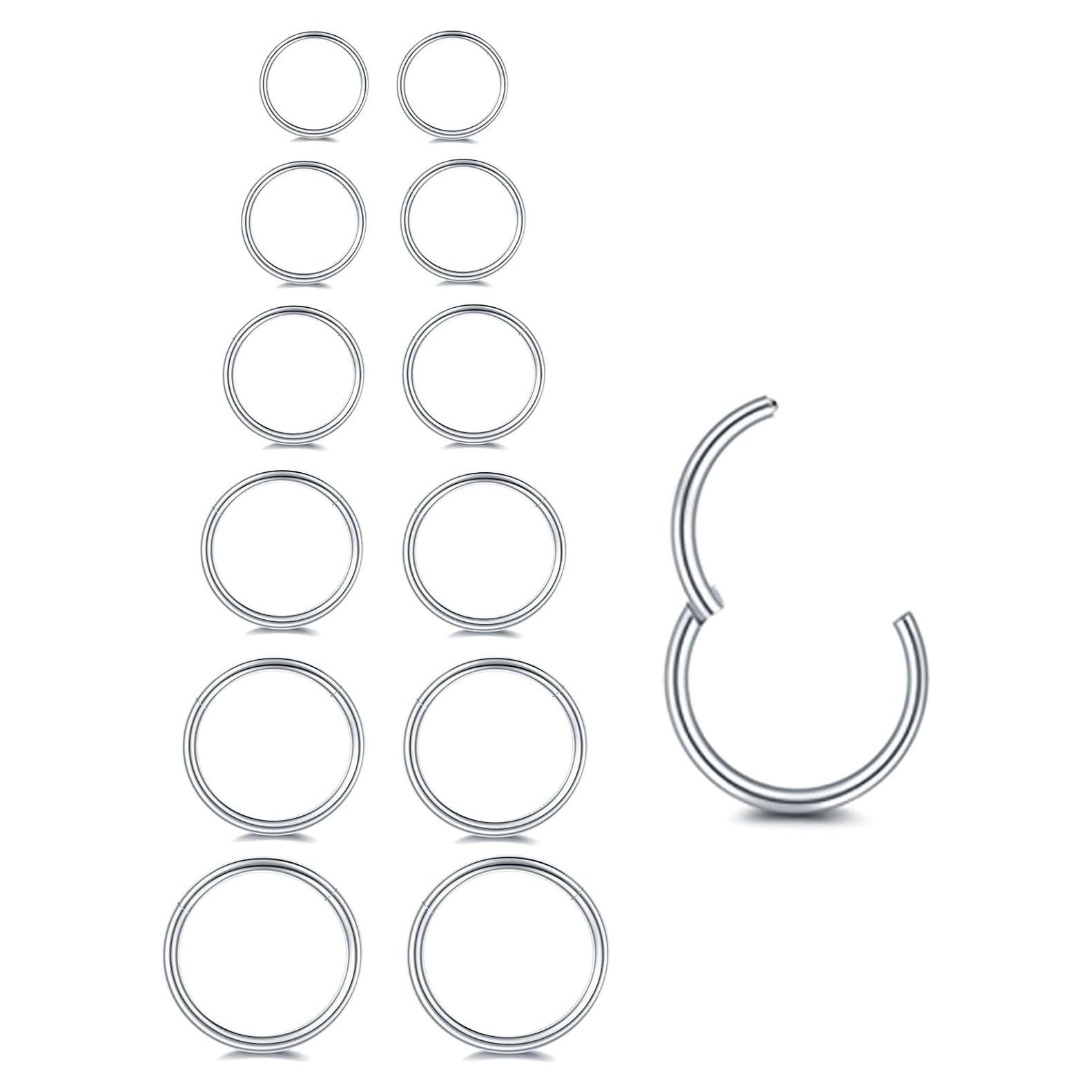 12 Aros Nasales 316L Acero Quirúrgico Plata 6-12mm 18G