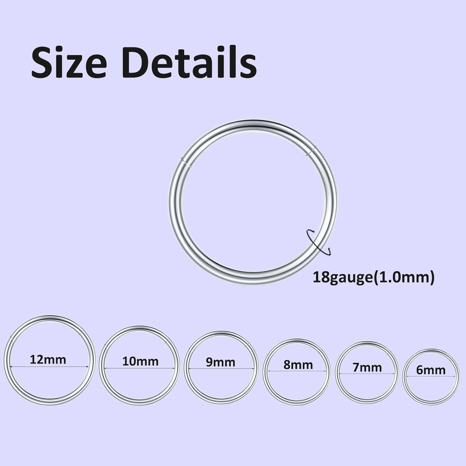 12 Aros Nasales 316L Acero Quirúrgico Plata 6-12mm 18G