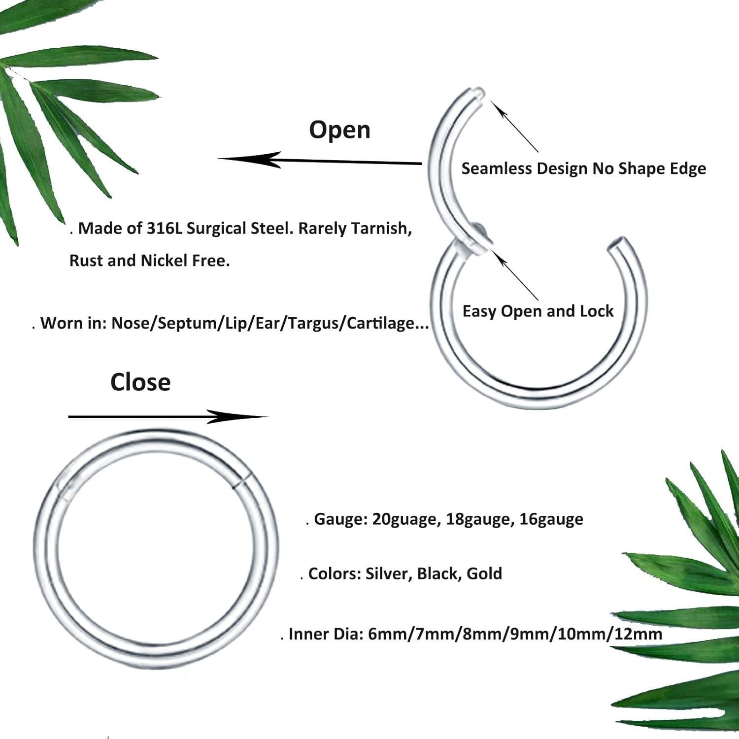 12 Aros Nasales 316L Acero Quirúrgico Plata 6-12mm 18G