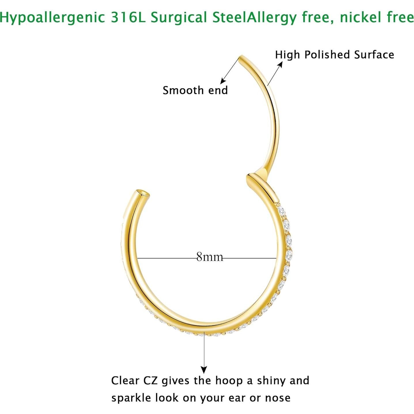 Aro de Nariz 20G Acero Quirúrgico Hipoalergénico Oro 8mm