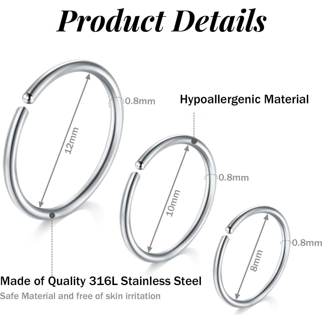 Aros Nasales FECTAS Acero Quirúrgico 20G 8-12mm 36 Piezas