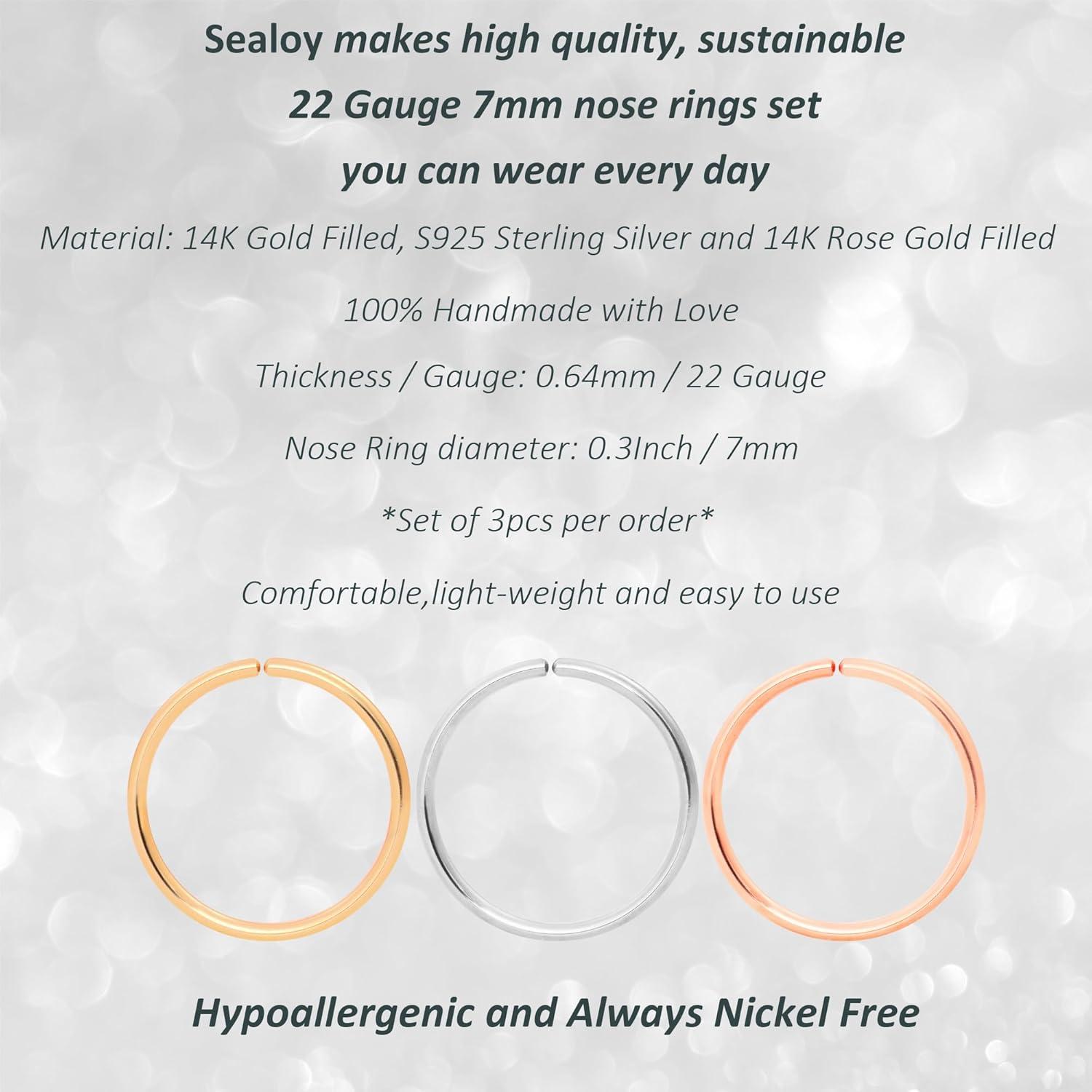 Conjunto 3 Aros de Nariz Delgados Oro 14K Plata Esterlina 7mm