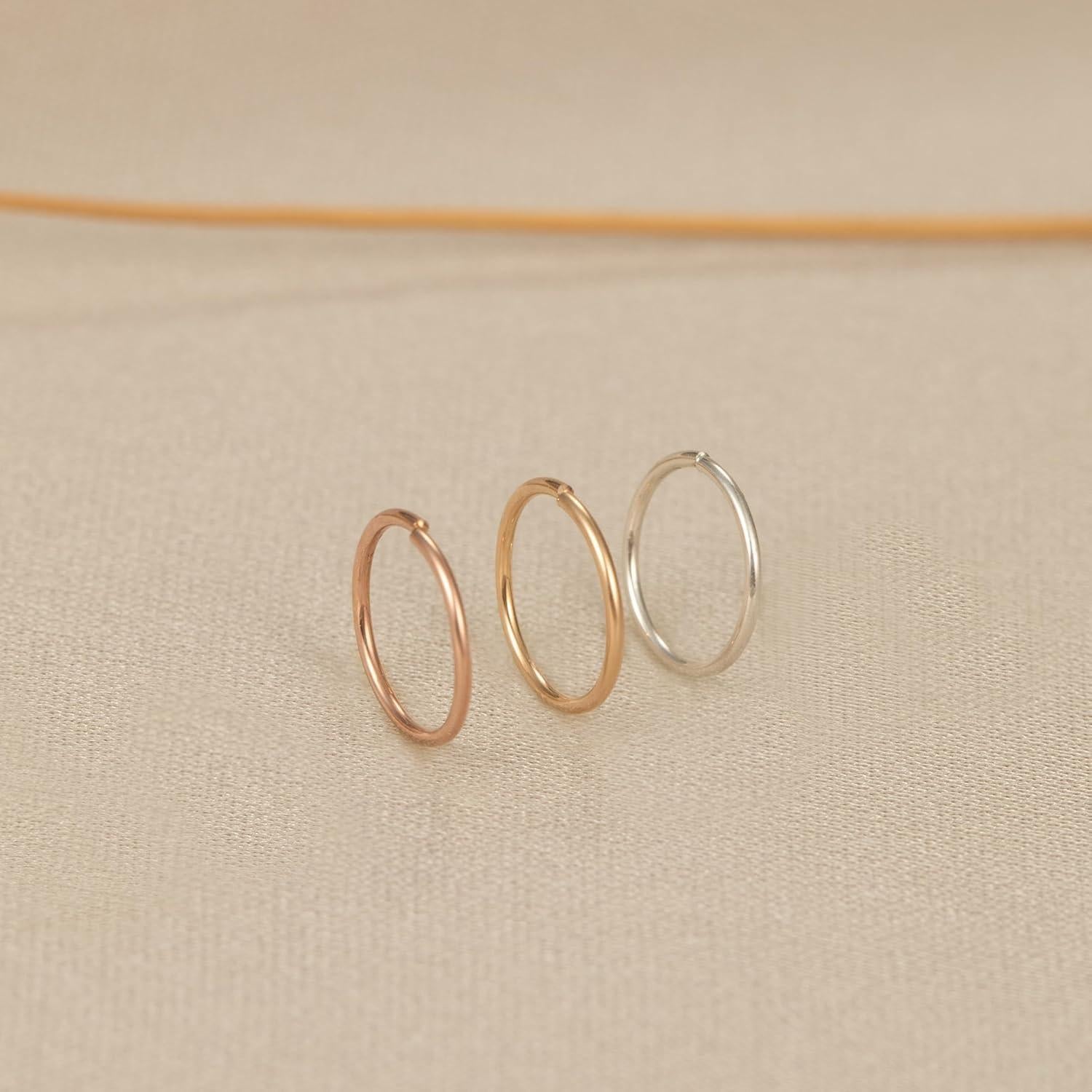 Conjunto 3 Aros de Nariz Delgados Oro 14K Plata Esterlina 7mm
