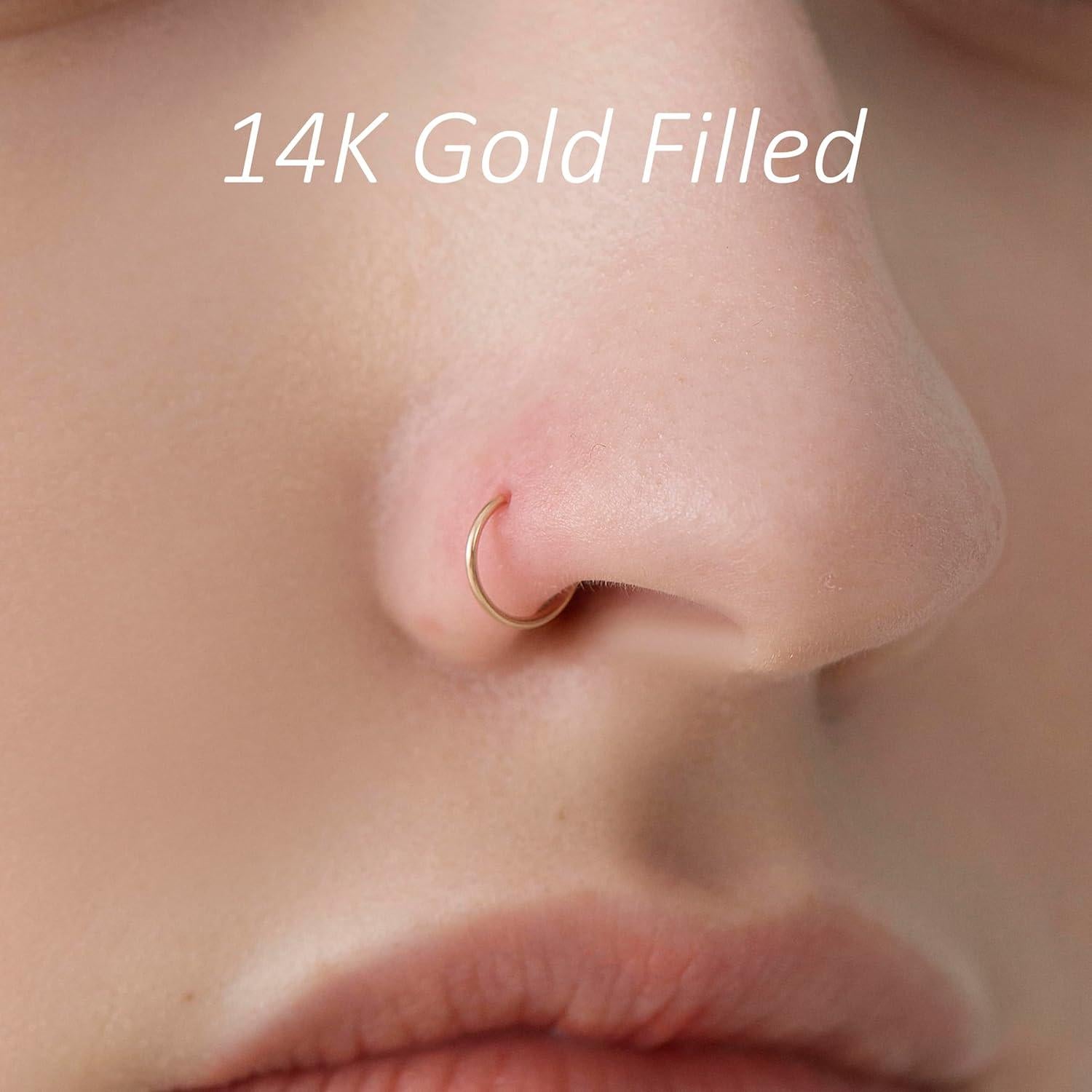 Conjunto 3 Aros de Nariz Delgados Oro 14K Plata Esterlina 7mm