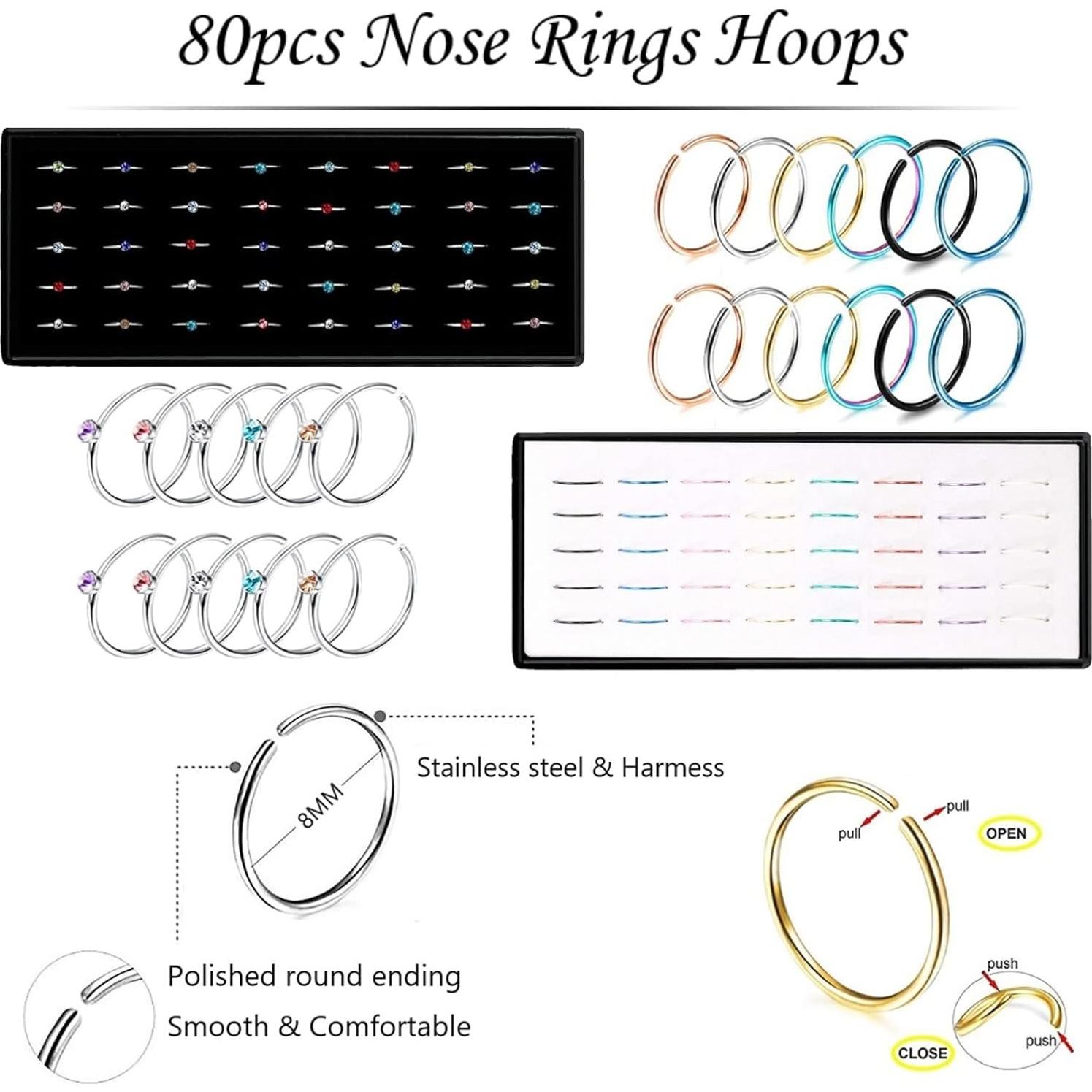 Juego de Anillos de Nariz Hipoalergénicos Acero Inoxidable 120pcs