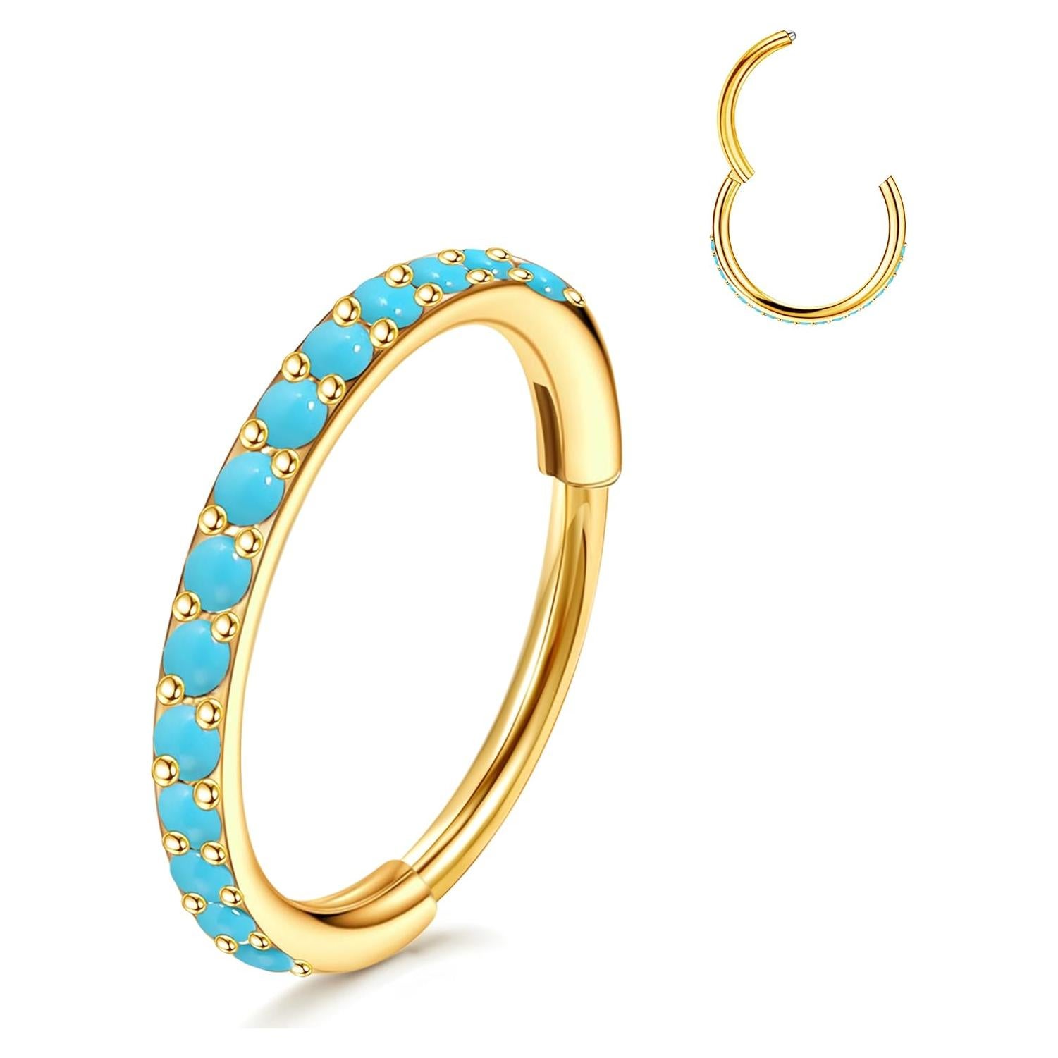Aros de Nariz Titanio 20G Turquesa 8mm Oro Hipoalergénicos