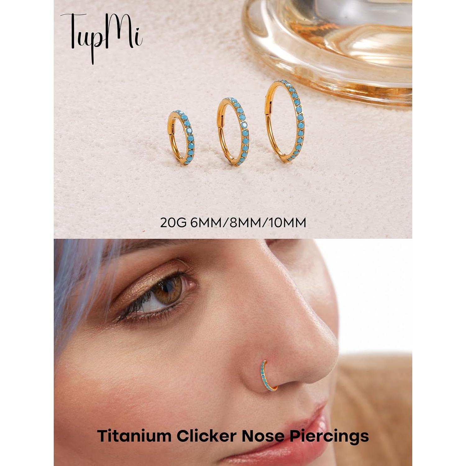 Aros de Nariz Titanio 20G Turquesa 8mm Oro Hipoalergénicos