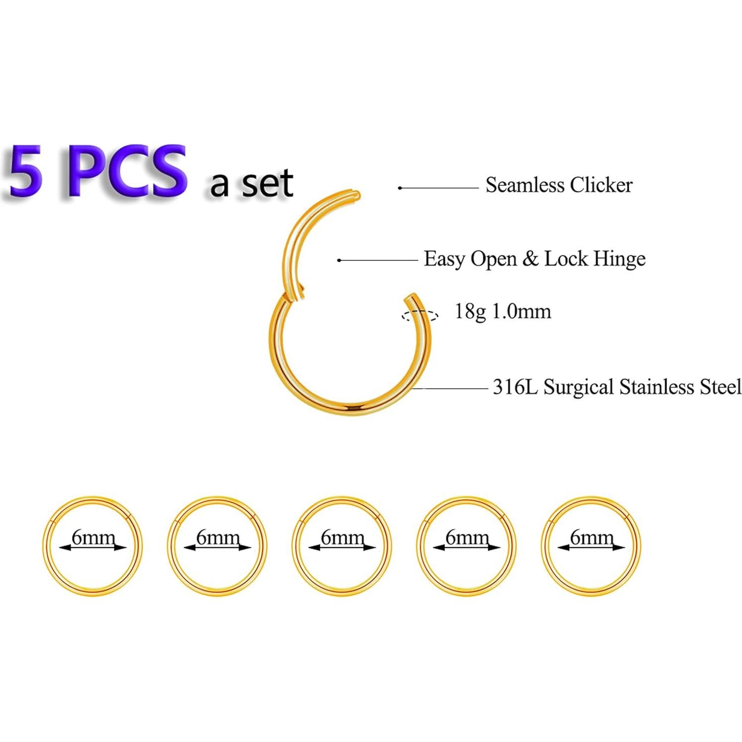 5 Piezas Aros Nasales Acero Quirúrgico HQLA 6mm-14mm
