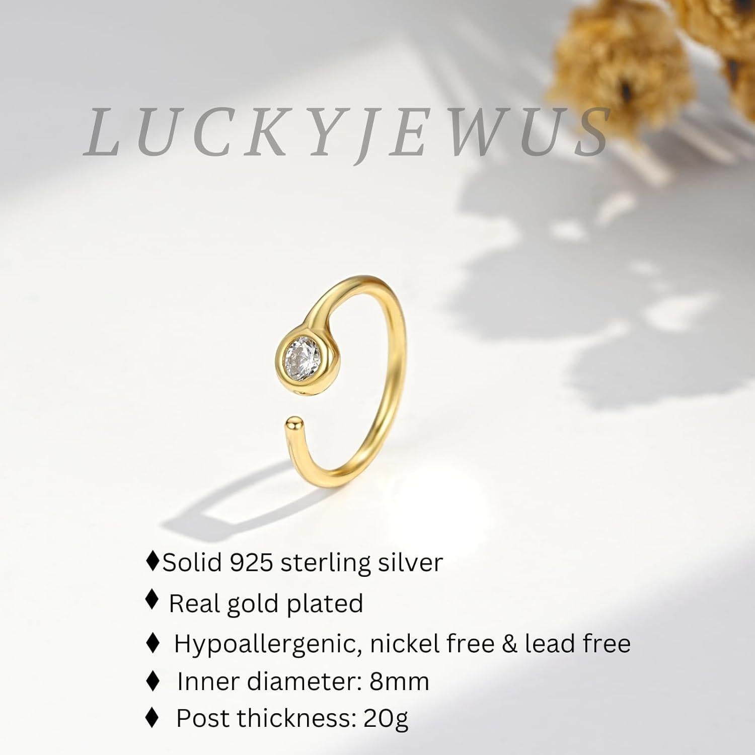 Aro de Nariz Dorado LUCKYJEWUS 8mm 20G Plata Esterlina 925