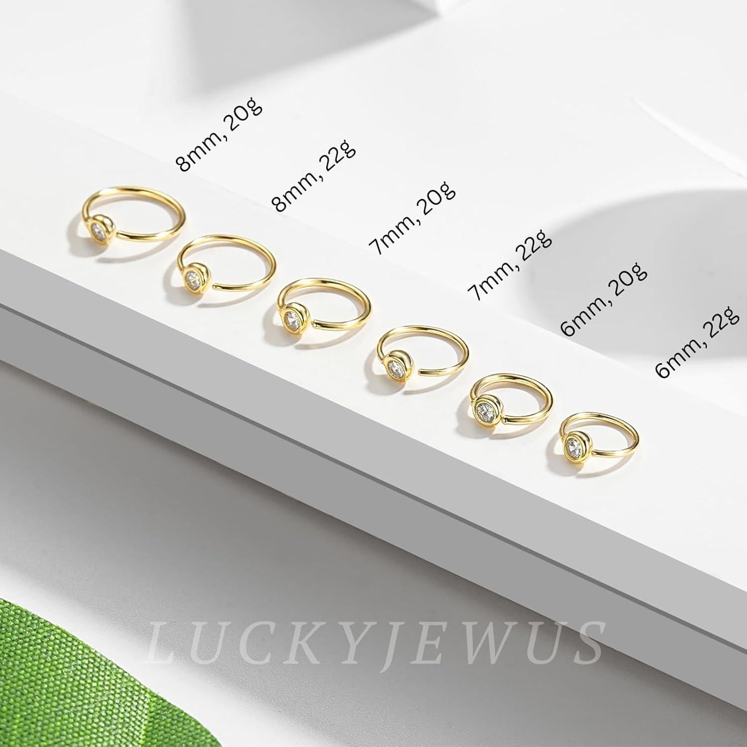 Aro de Nariz Dorado LUCKYJEWUS 8mm 20G Plata Esterlina 925