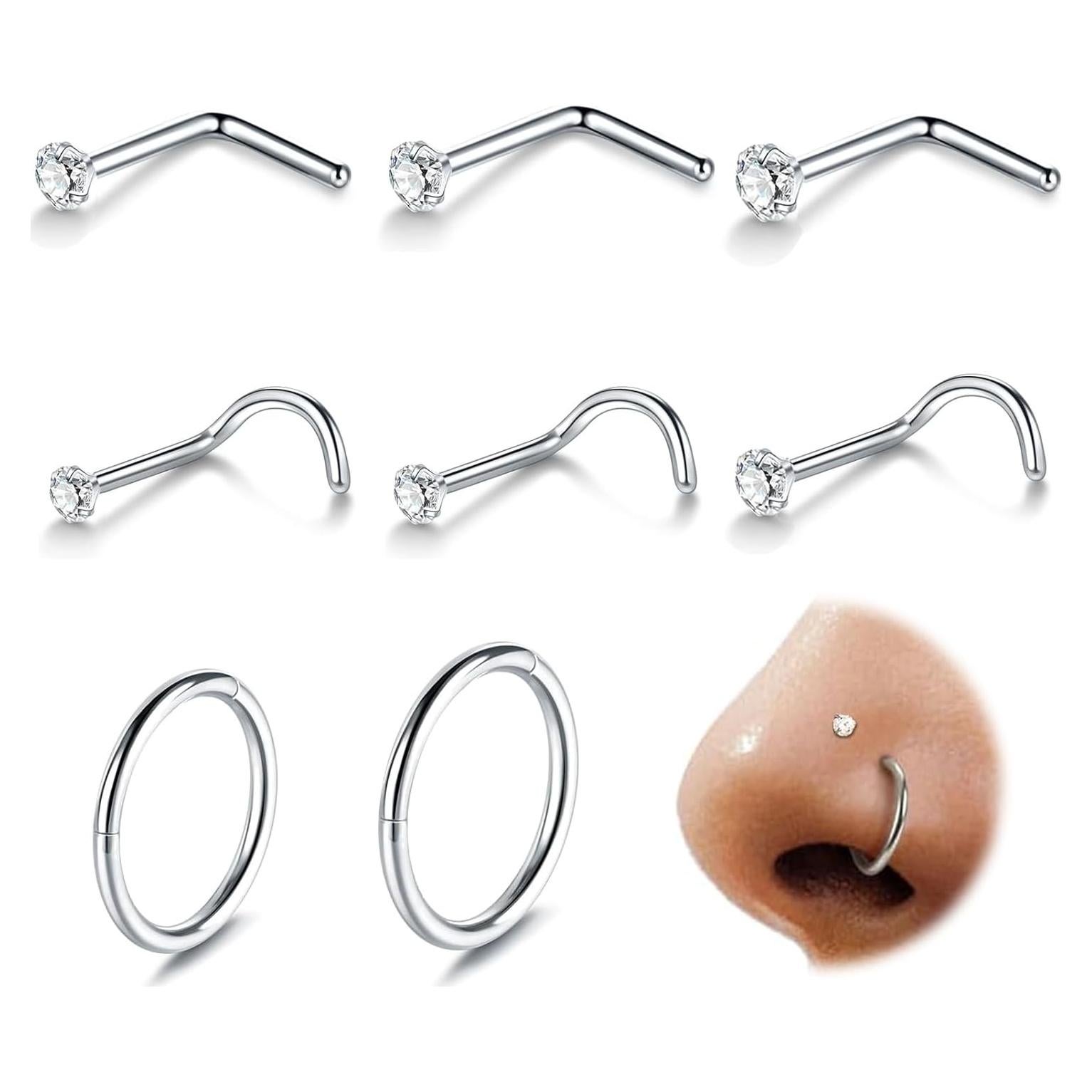 Hoop Nose Rings And Nose Studs For Women Men Corkscrew Bone L Shaped Nose Studs Hypoallergenic Cubic Zirconia Surgical Steel Nose Piercings Jewelry Small Silver/Gold Nose Rings 1.5/2/3mm 8 Pcs