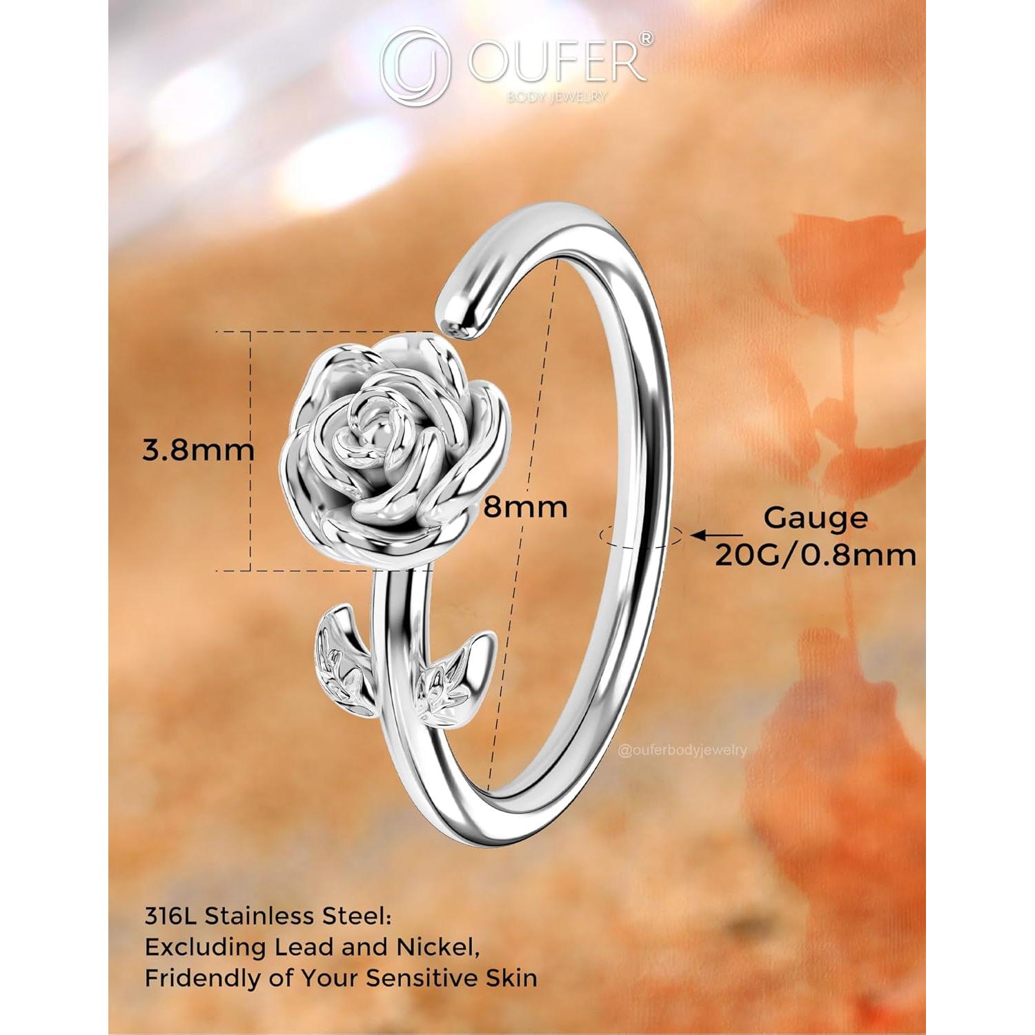 Anillo de Nariz OUFER Floral Plateado 20G 8mm Acero Inoxidable