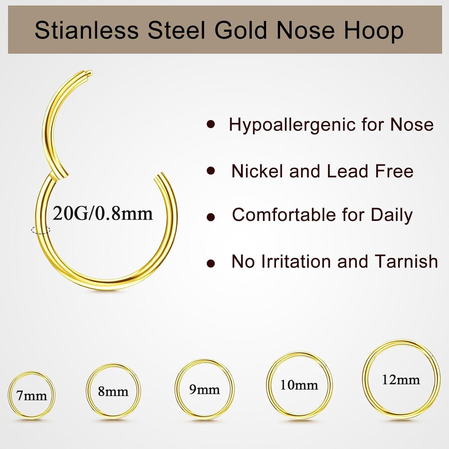 Conjunto 10 Aros de Nariz Dorados 20G Acero Inoxidable Hipoalergénico