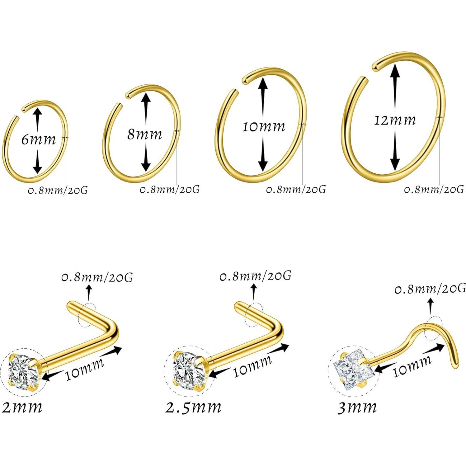 21 Aros de Nariz Acero Quirúrgico Jagosen 6-12mm 18G/20G