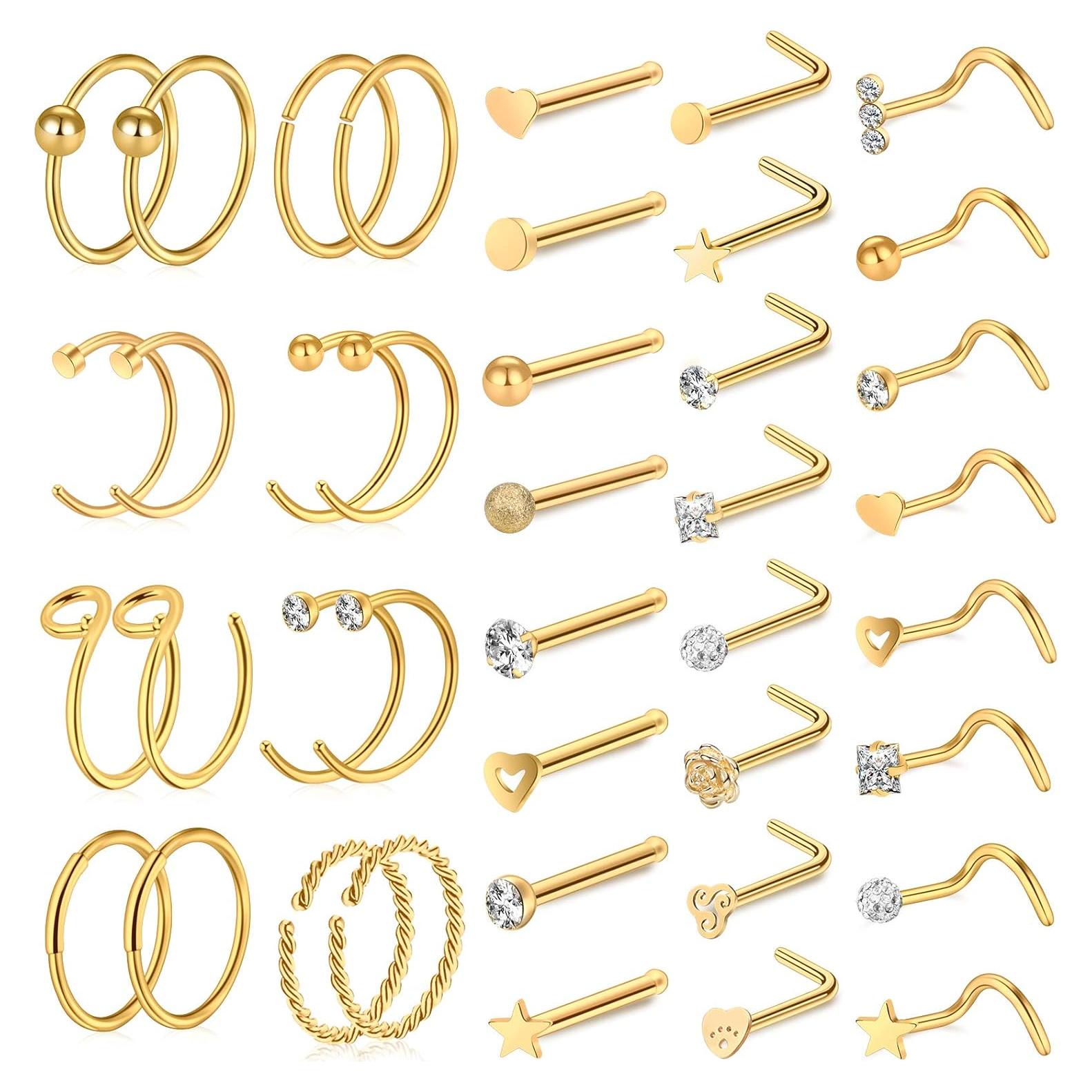 Aros Nasales Dorados ONESING 40 Piezas Acero Inoxidable 20G