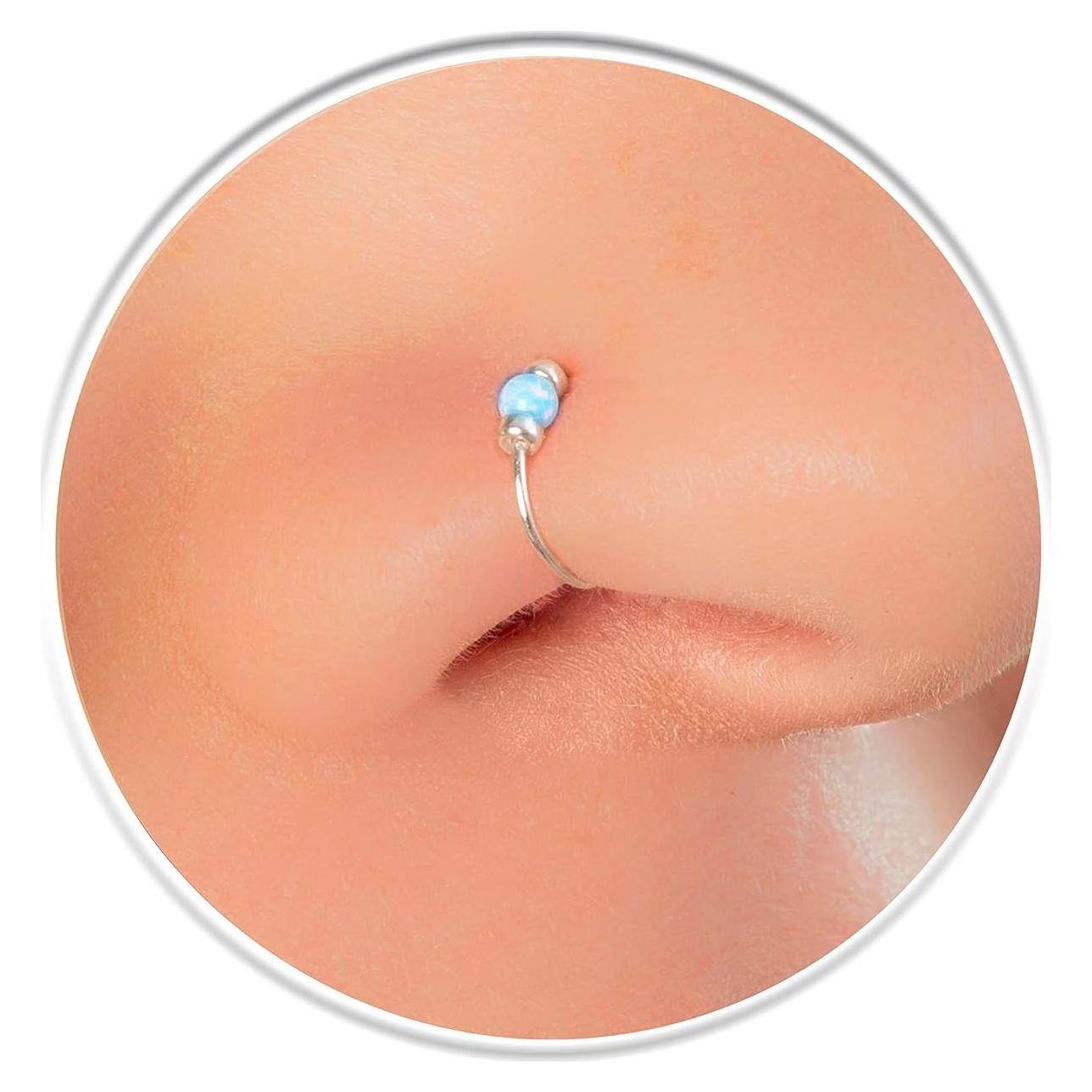 Anillo de Nariz de Plata 925 con Ópalo Azul 7mm - Hecho a Mano