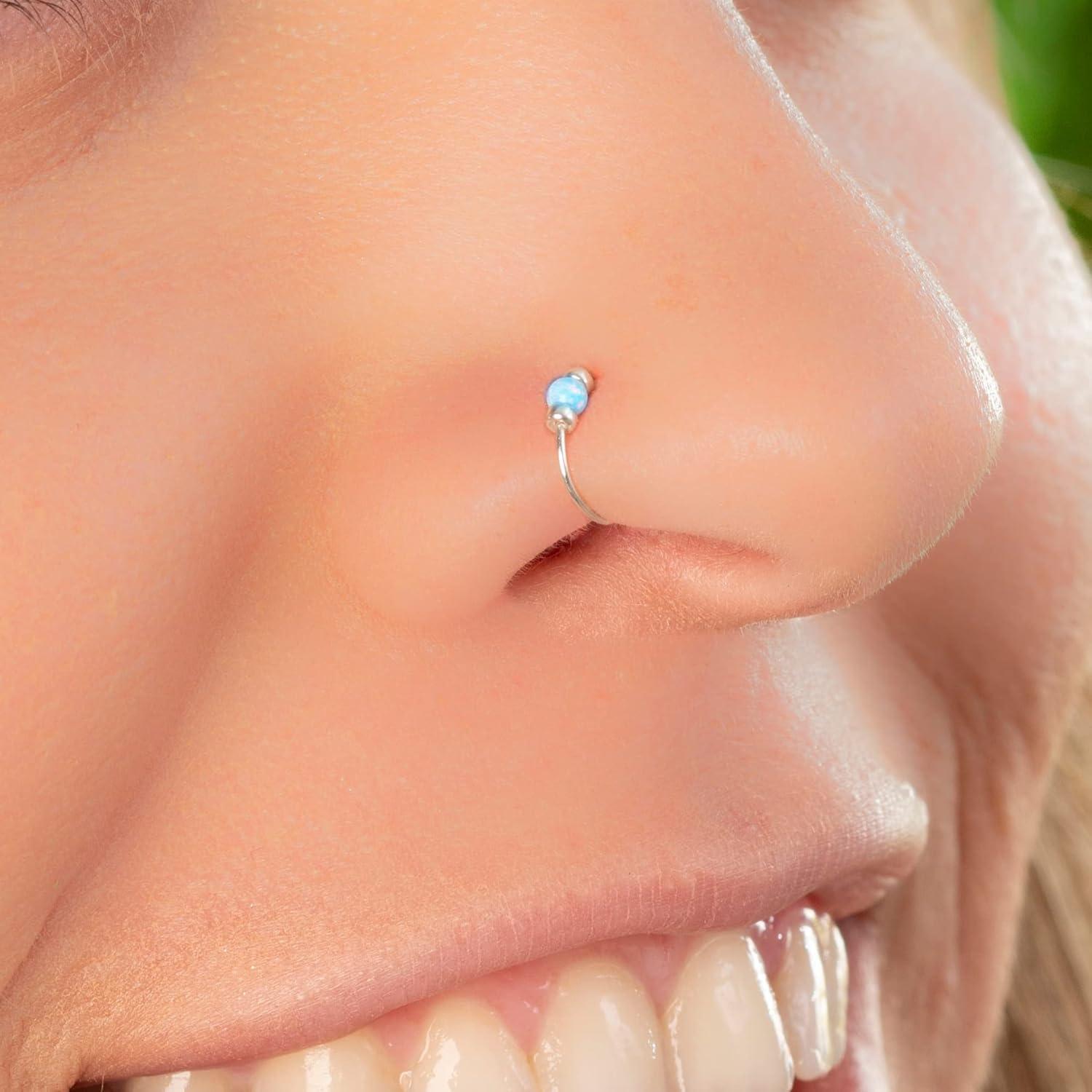 Anillo de Nariz de Plata 925 con Ópalo Azul 7mm - Hecho a Mano