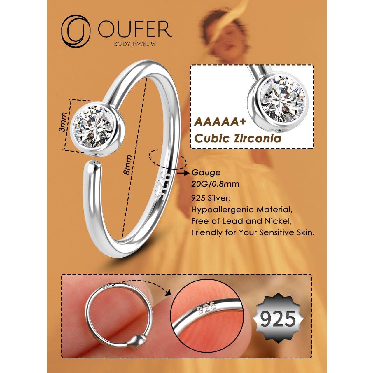 Anillo de Nariz de Plata Esterlina 925 OUFER 20G CZ Transparente