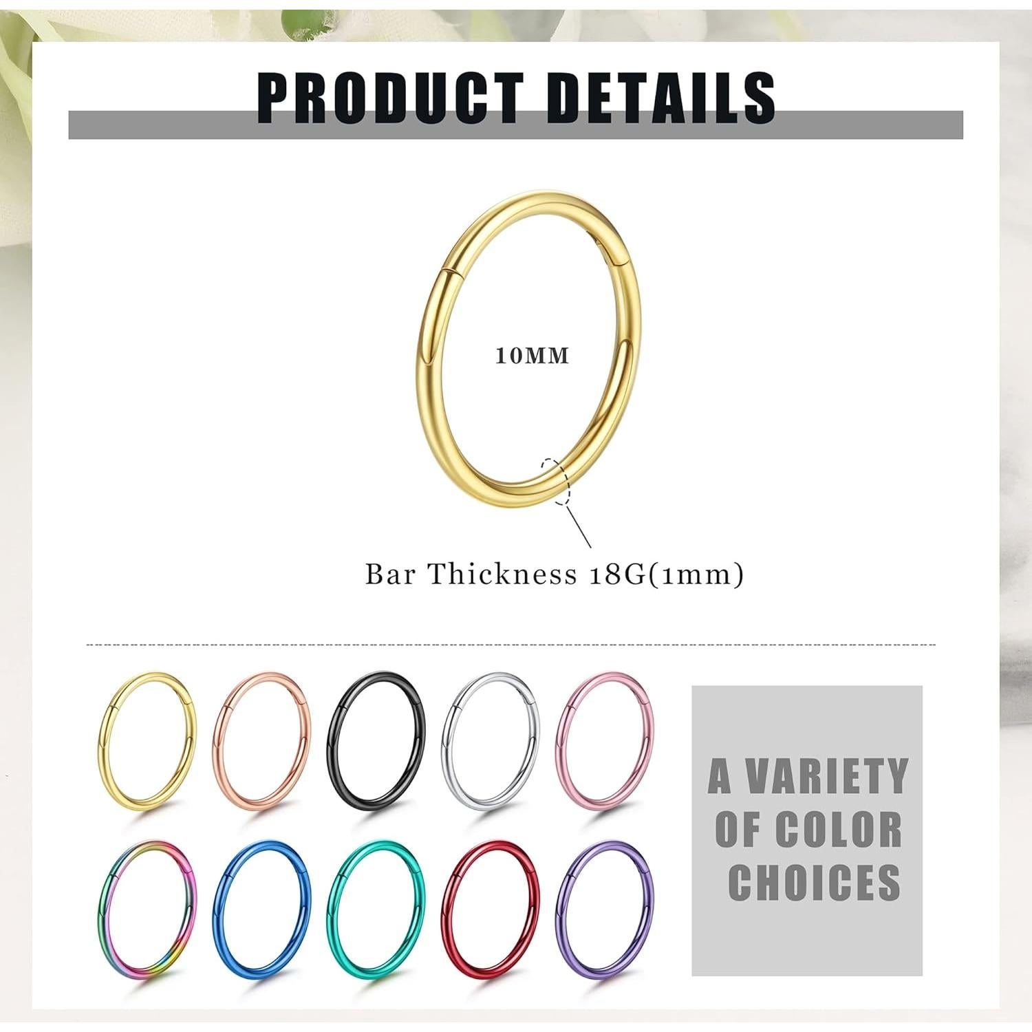 Set de 10 Aros de Septum Besteel 18G Acero Quirúrgico 10MM