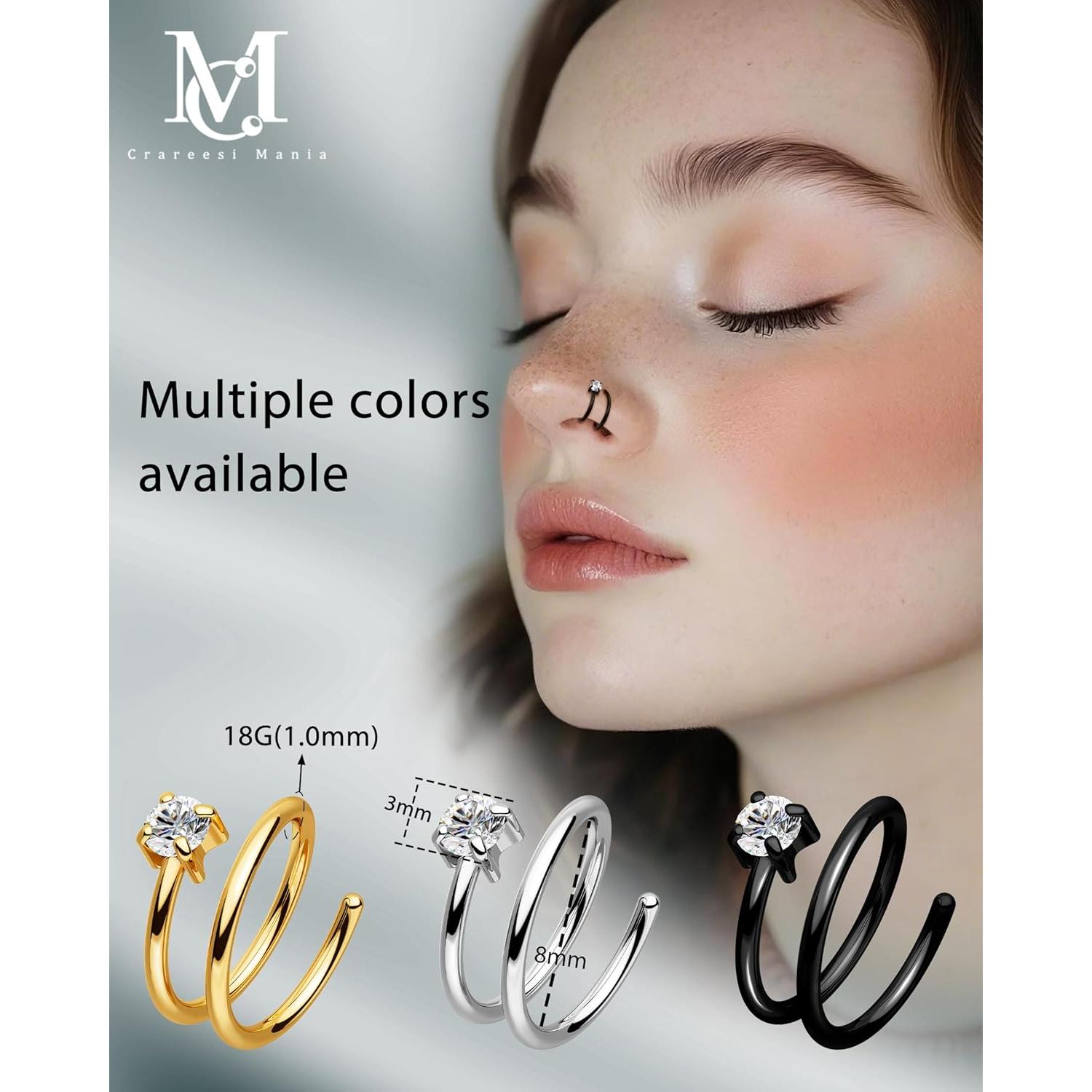 Aros Doble para Nariz CM Crareesi Mania 3Pcs Acero 316L 18G