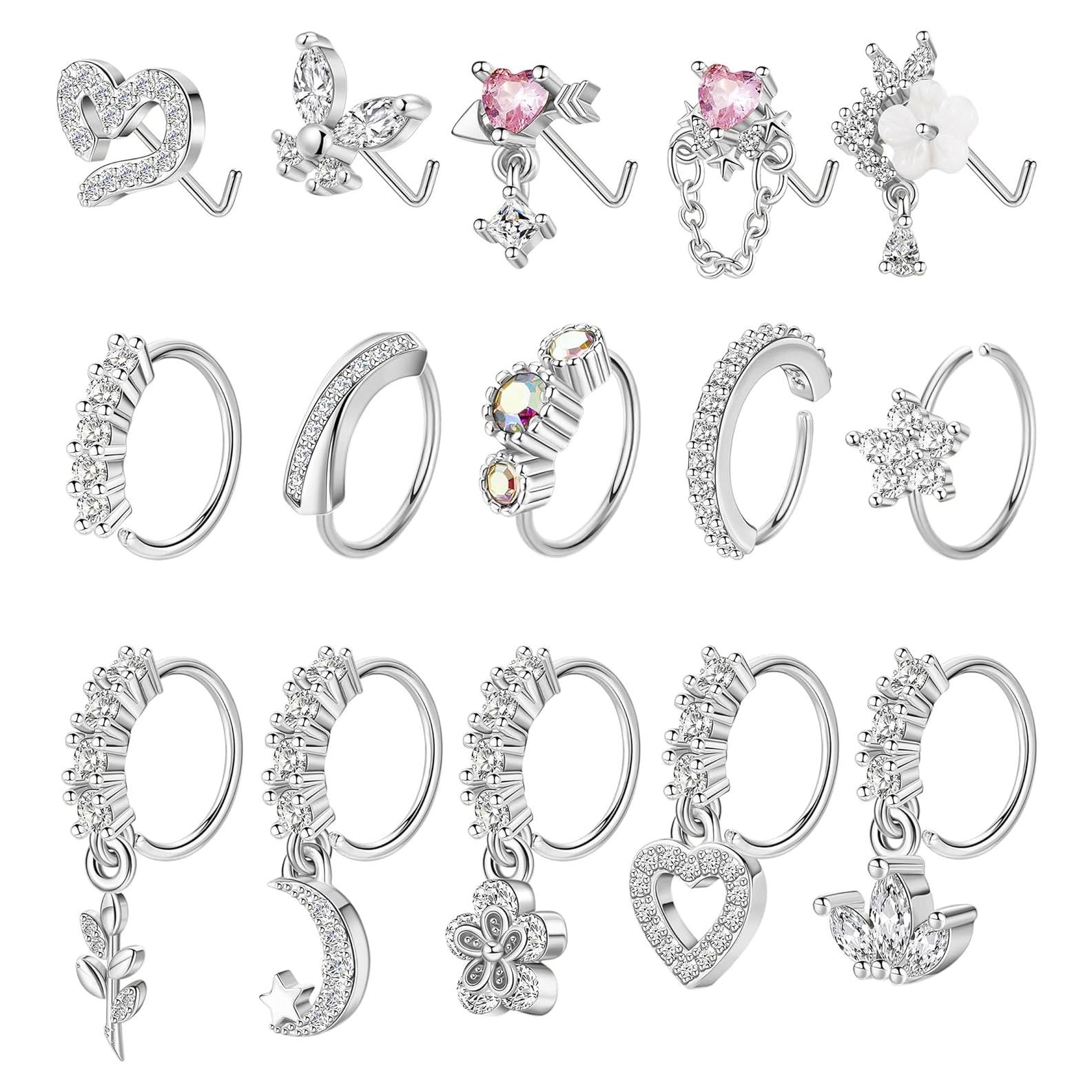 15PCS Anillos de Nariz Vegolita 20G Acero Inoxidable Mujeres