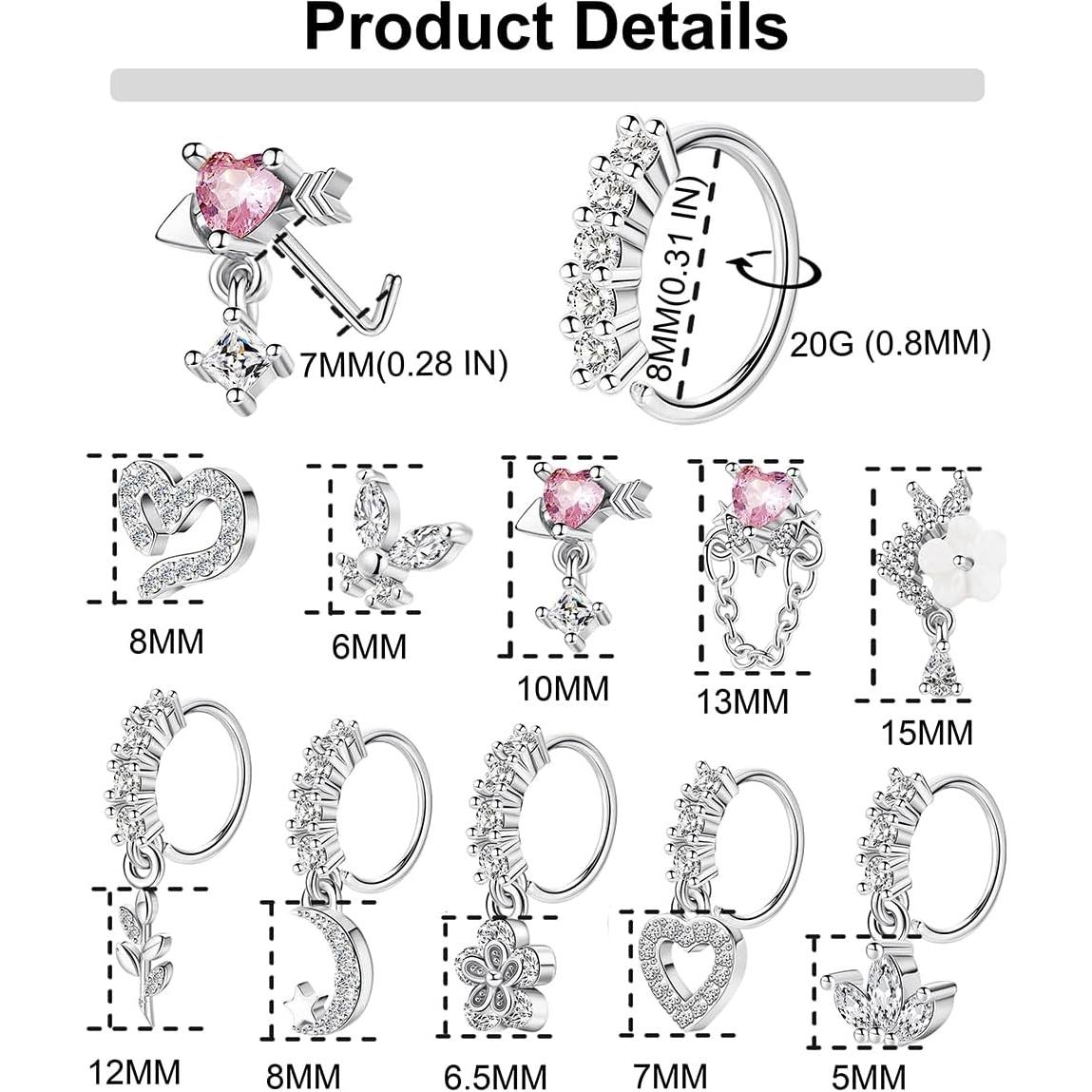 15PCS Anillos de Nariz Vegolita 20G Acero Inoxidable Mujeres