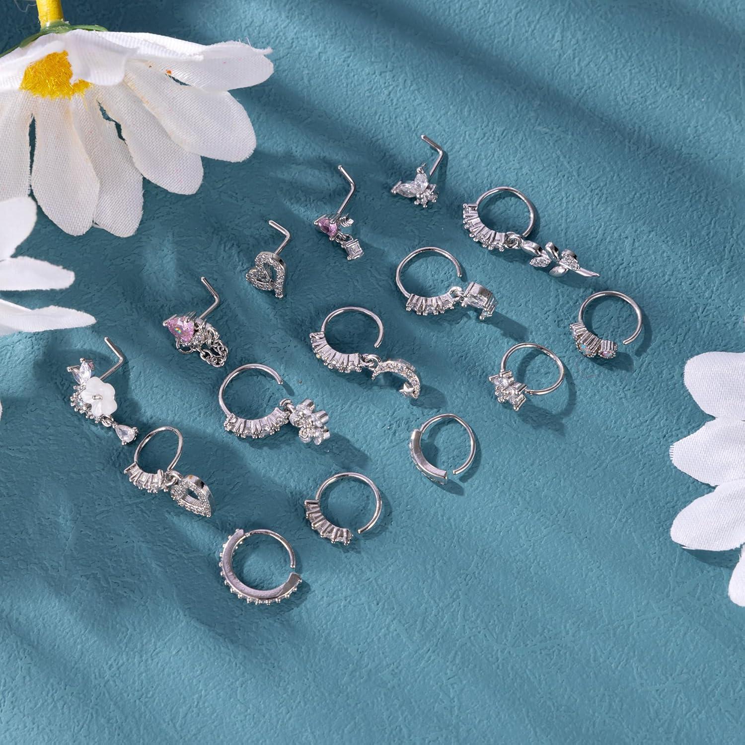 15PCS Anillos de Nariz Vegolita 20G Acero Inoxidable Mujeres