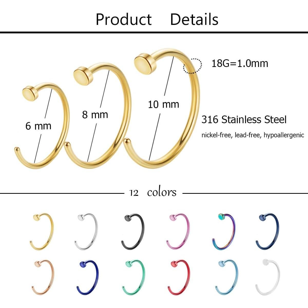 Set de Aros de Nariz Acero Inoxidable 18G 36 Piezas Multicolor