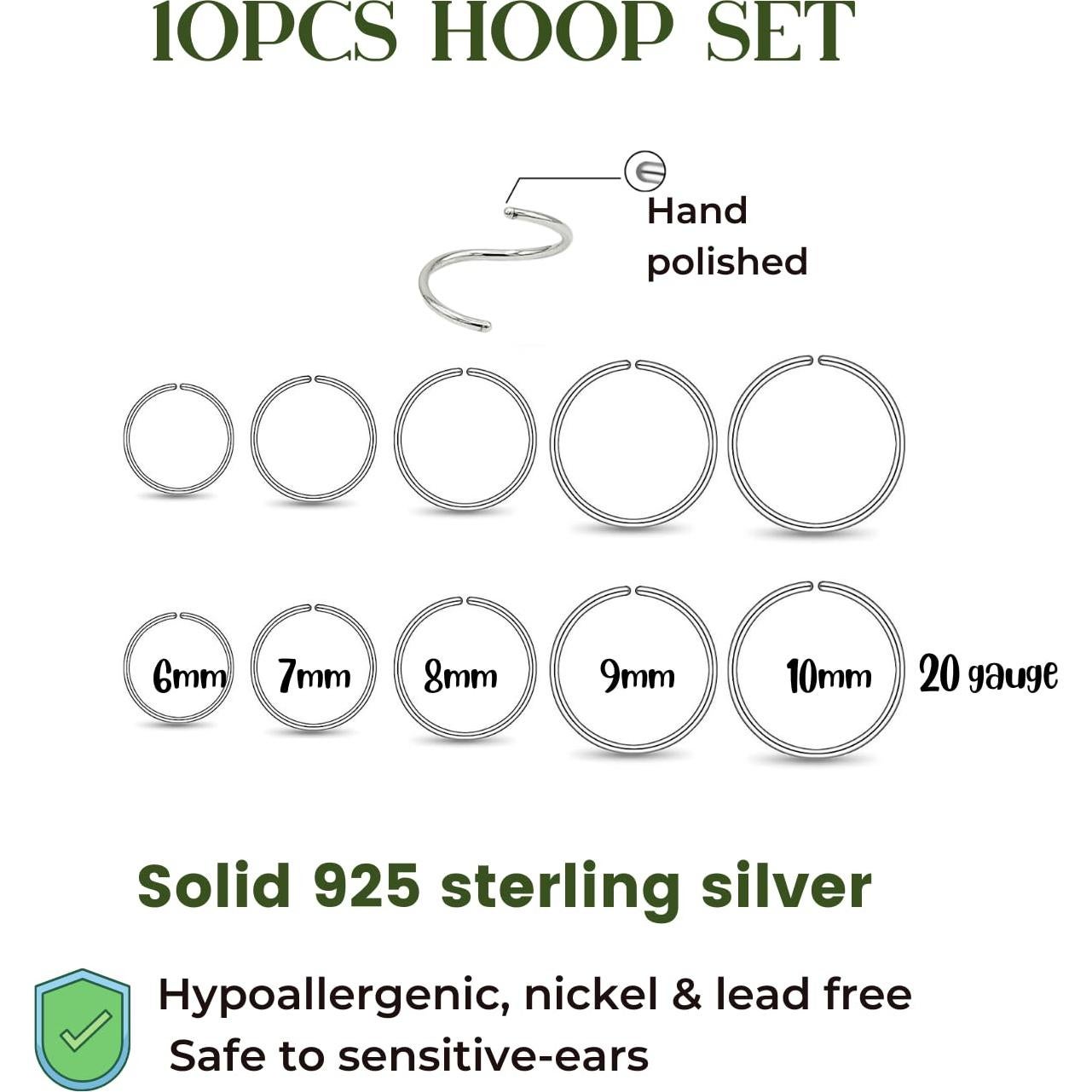 Juego de 10 Aros de Nariz Plata Esterlina 925 Hipoalergénicos