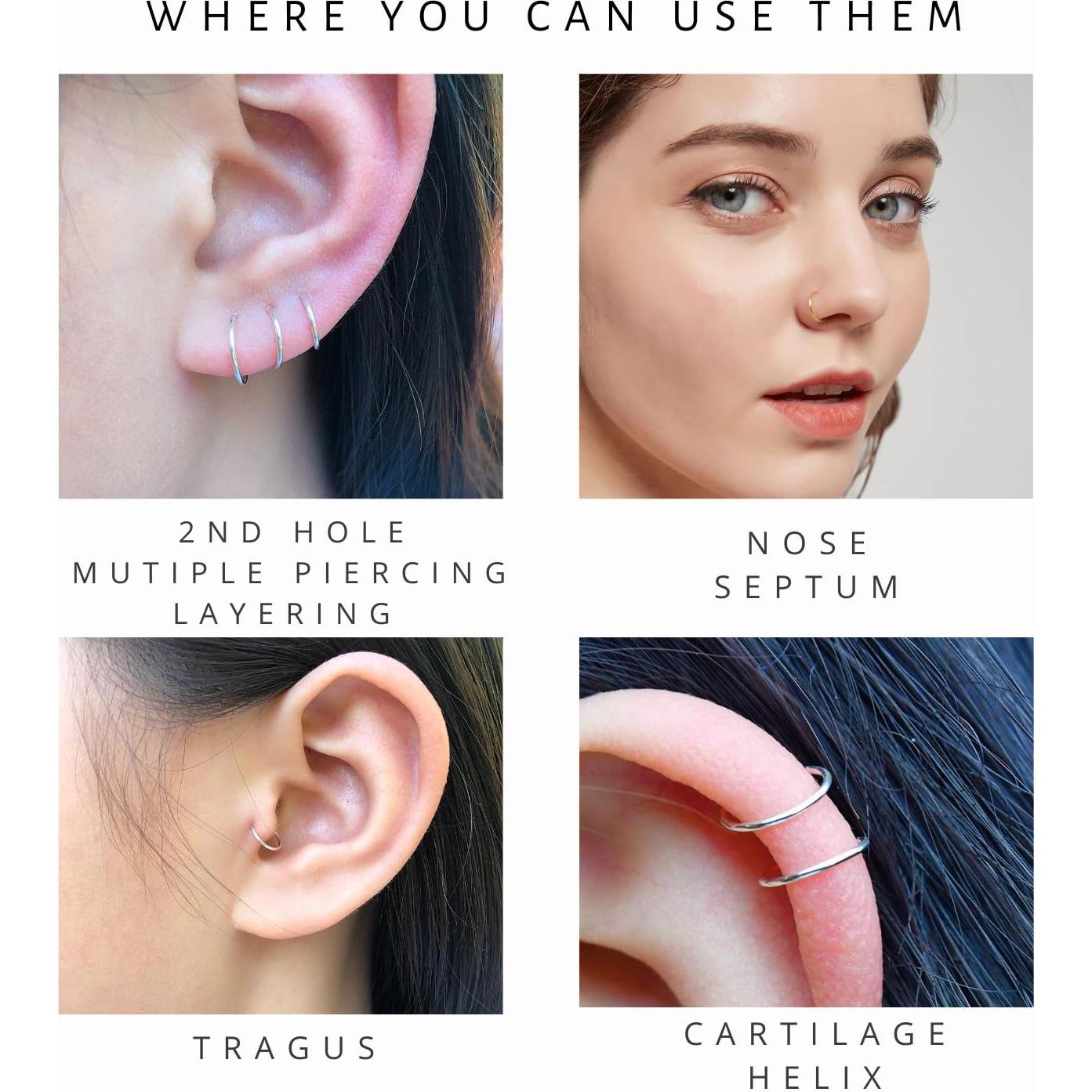 Juego de 10 Aros de Nariz Plata Esterlina 925 Hipoalergénicos