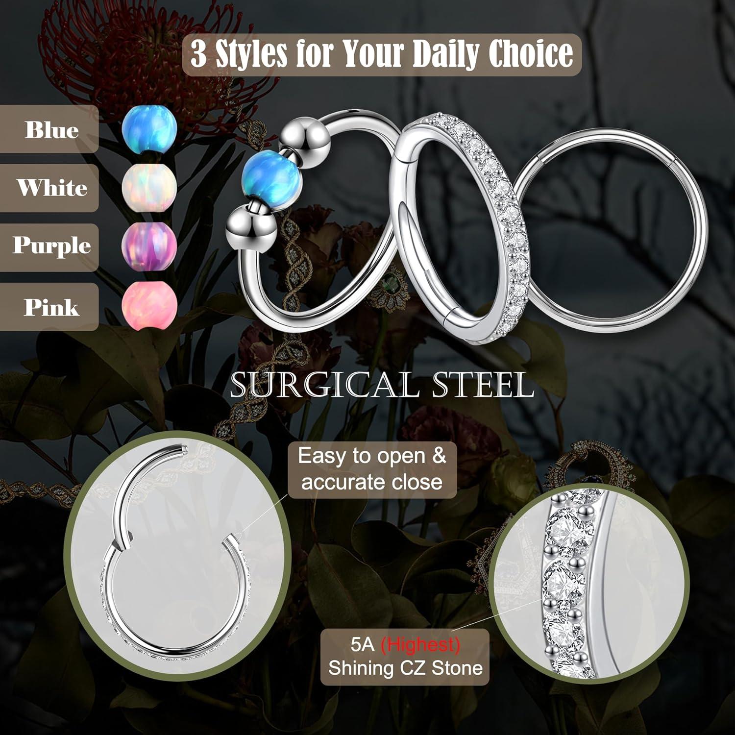 Anillos de Nariz 18G 3PCS Acero Quirúrgico 8mm 10mm Opalite