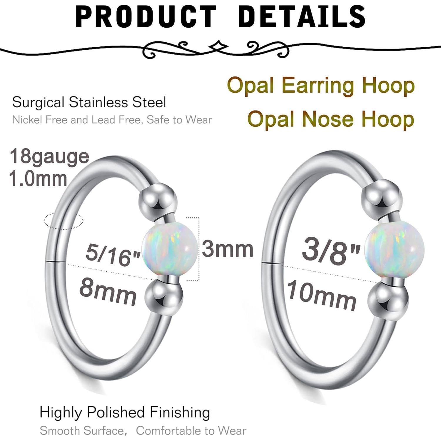 Anillo de Nariz Opal 18g MODRSA Plata 8mm 10mm 2 Piezas